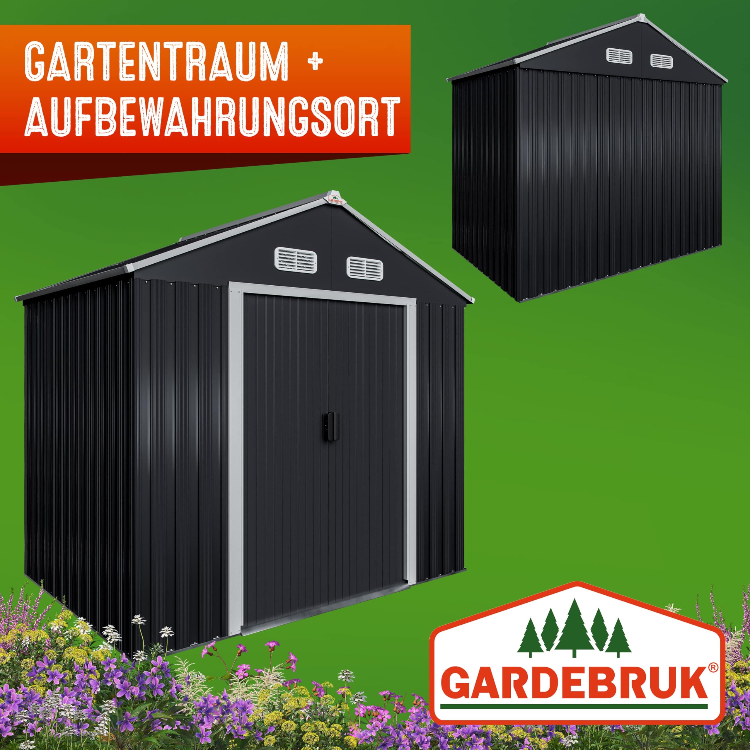 GARDEBRUK® XL Metall Gerätehaus 2m² 196x132x188cm Schiebetür Anthrazit Geräteschuppen