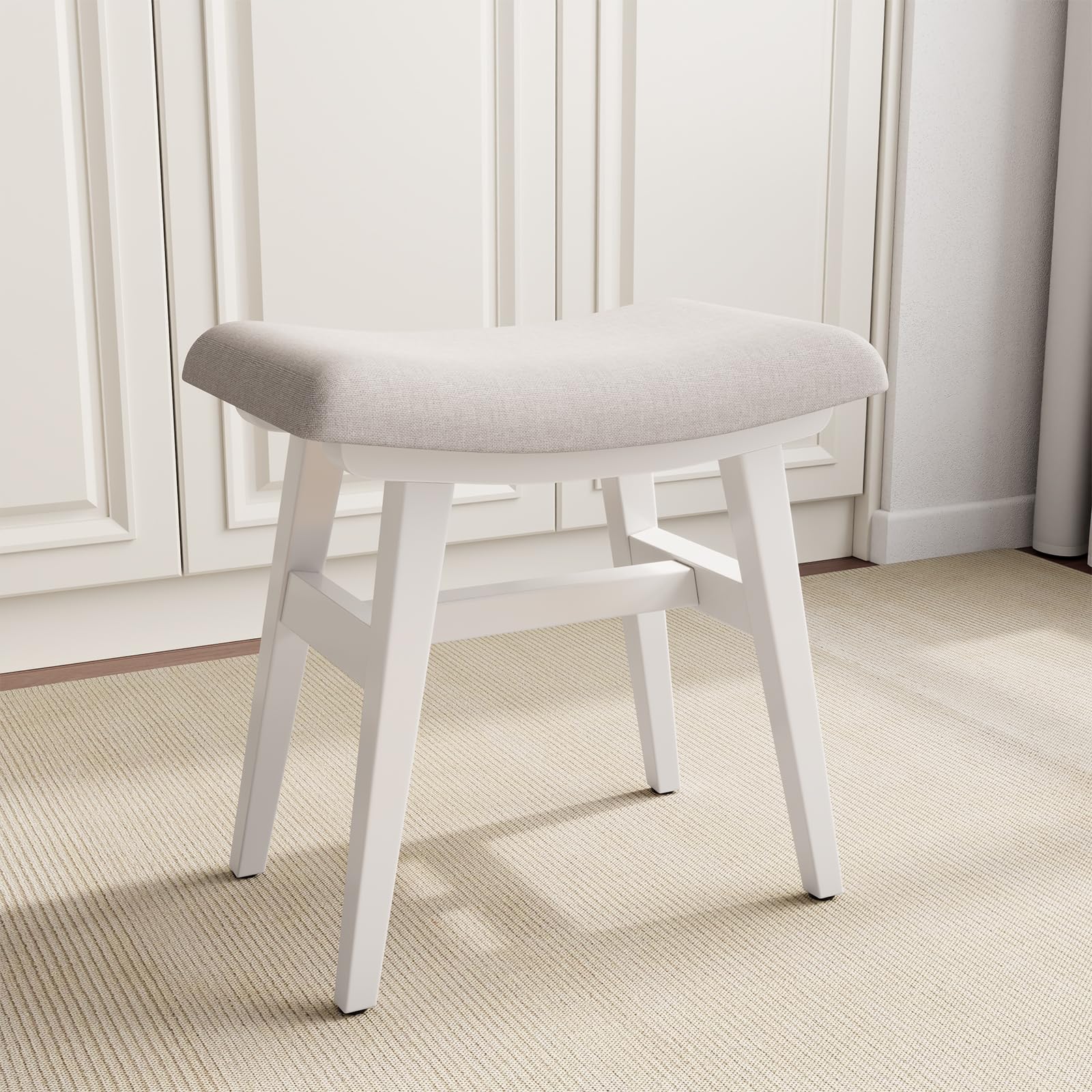 Taburete de tocador pequeño de madera maciza con cojín de sillín, asiento de esponja de alto rebote, silla de maquillaje de fácil montaje, reposapiés para dormitorio, entrada, blanco