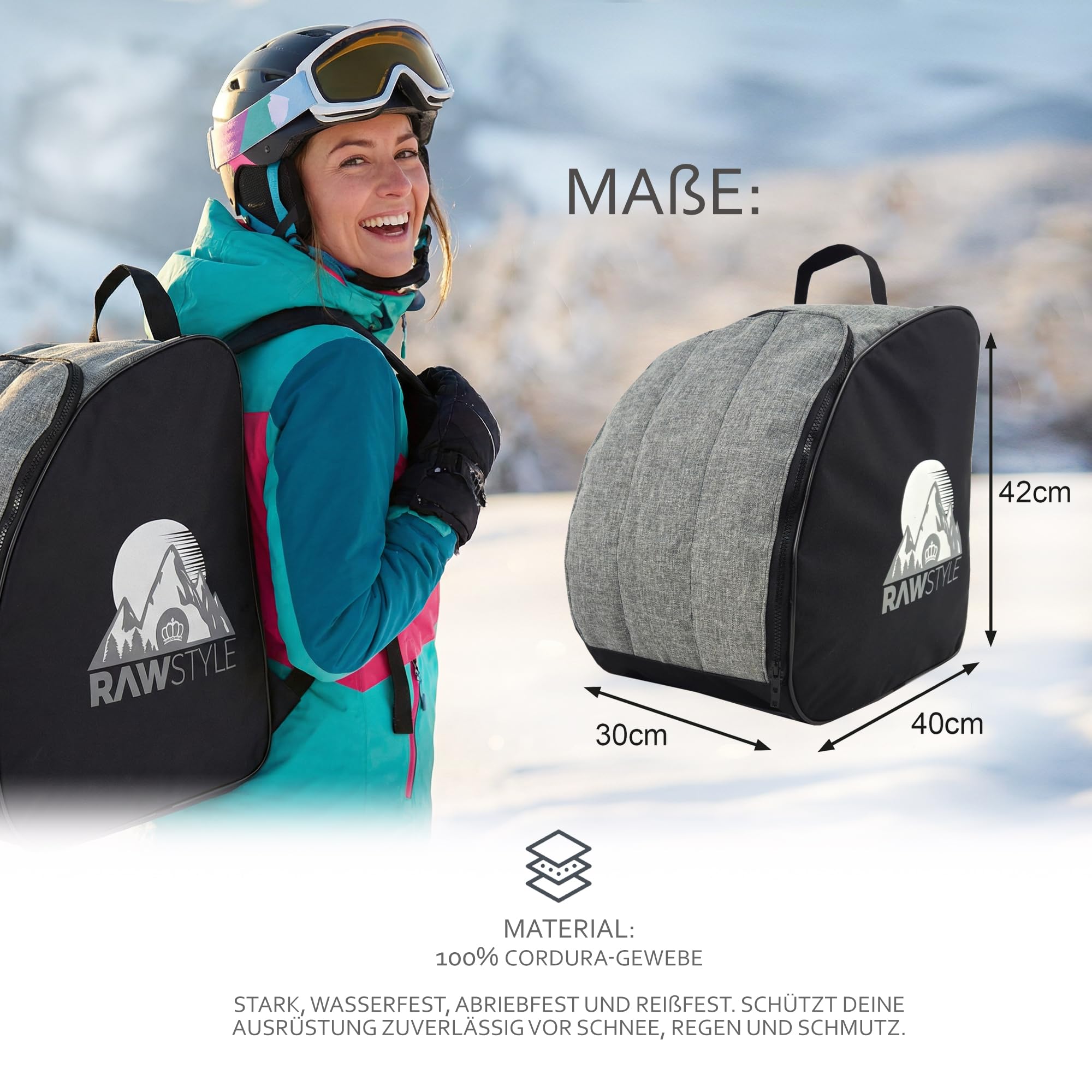 BambiniWelt by Rafael K. Skischuhtasche 40x42x30cm - wasserdichter Skischuh-Rucksack mit Reißverschluss, Tragegriff & Schultergurte - Skischuhaufbewahrung für Skischuhe, Helm & Handschuhe