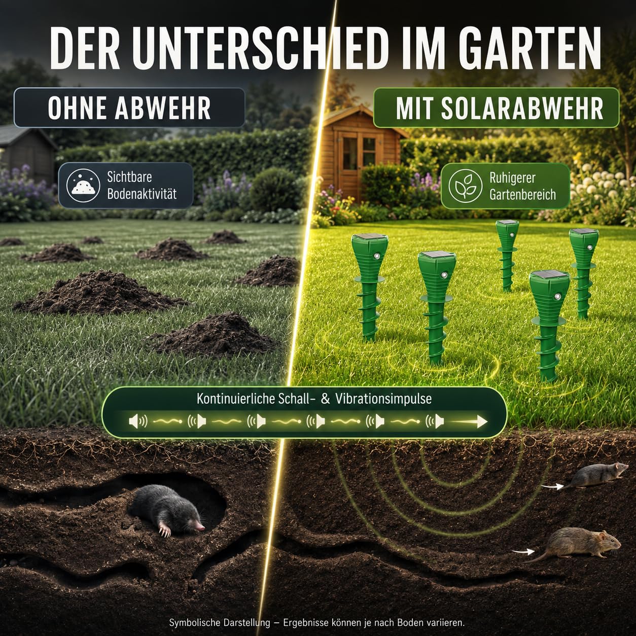 MEKEET Maulwurf Vertreiber Solar 4er Set, Maulwurfschreck mit Ultraschall & Vibration, IP65 Wühlmausschreck Solar zum Wühlmaus Vertreiben für Garten, Rasen und Beete