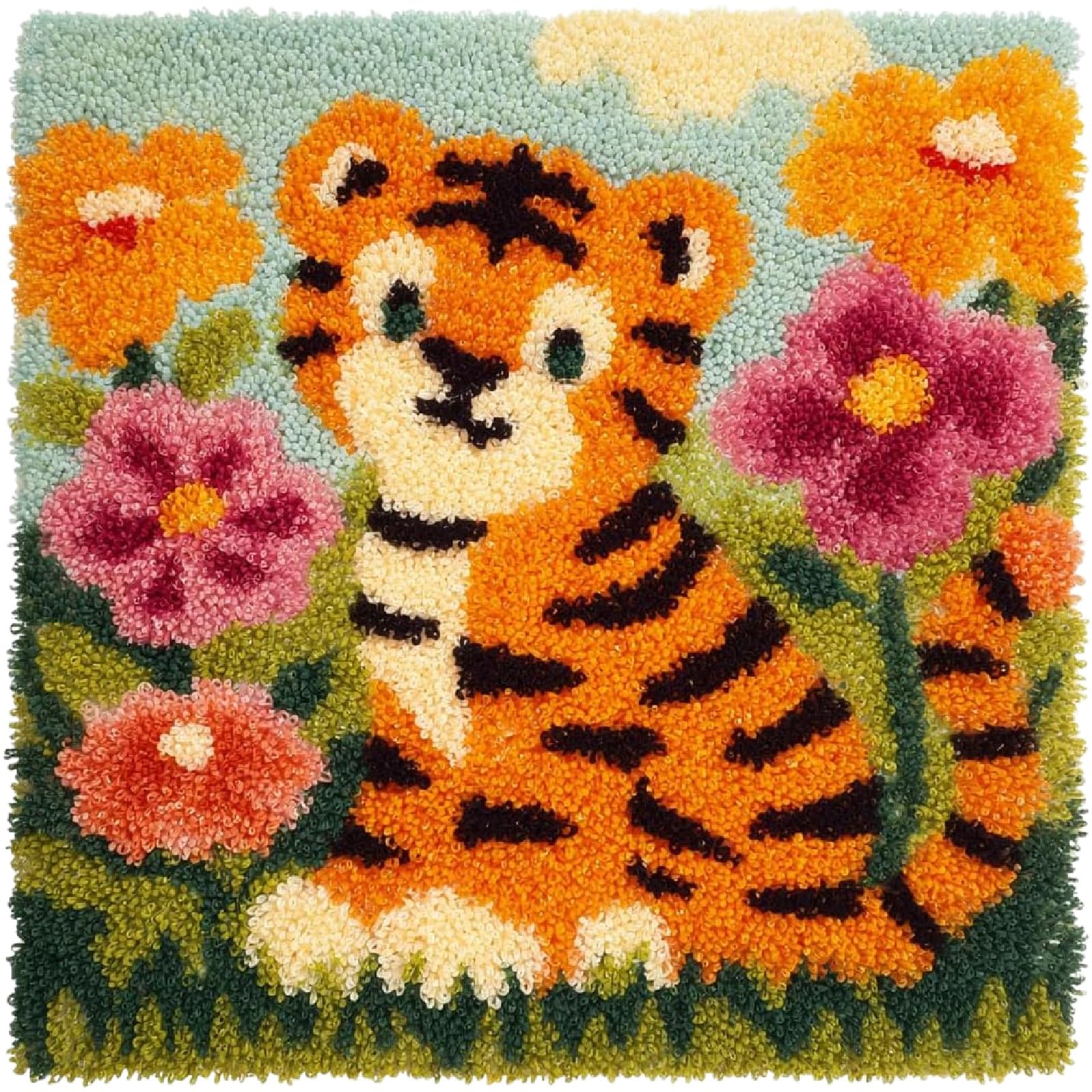 ZUHK Latch Hook Pillow Kit 43x43cm- Pre-Printed Animal Pattern, DIY Craft for Adults and Beginners,fit for Home Sofa Decoration (Tiger)