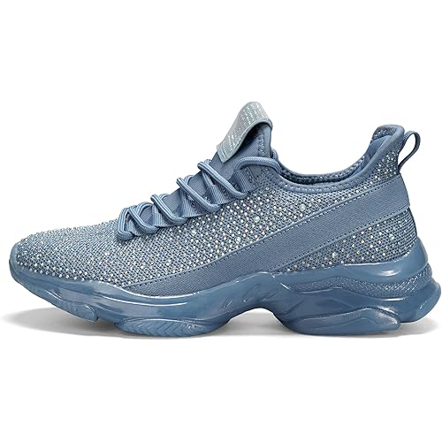 BELOS Women's Rhinestone Mesh Slip On Walking Shoes Fashion Breathable Spakle Glitter Sneaker