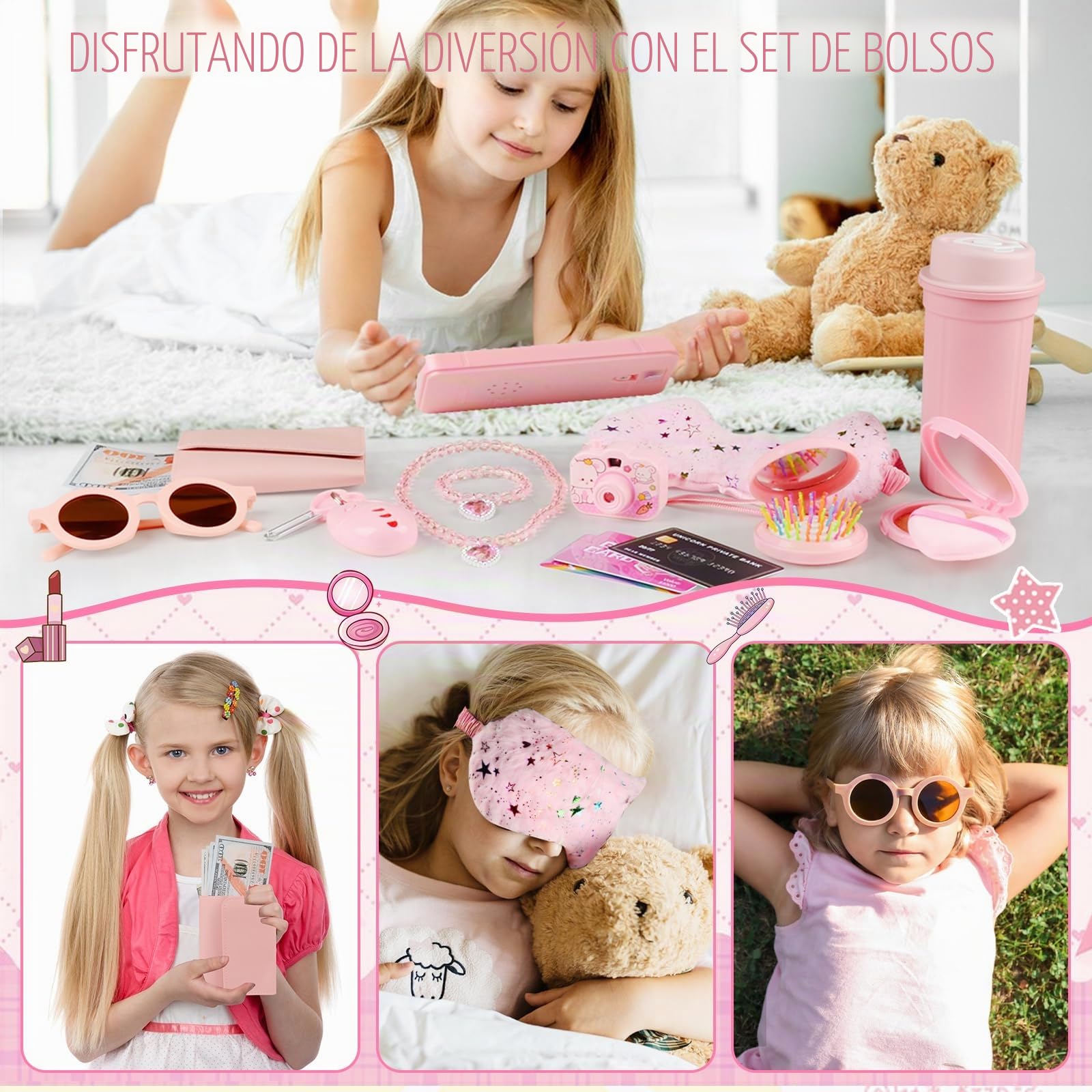 Bolso de Niña con Accesorios, Juguetes Niña de Maquillaje Falso Set, Juego de Bolso-Billetera, Teléfono, Gafas de Sol, Botella, Parche de Ojo, Joyas, Llaves, Cumpleaños Regalos Niñas 3 4 5 6 7 8 Años