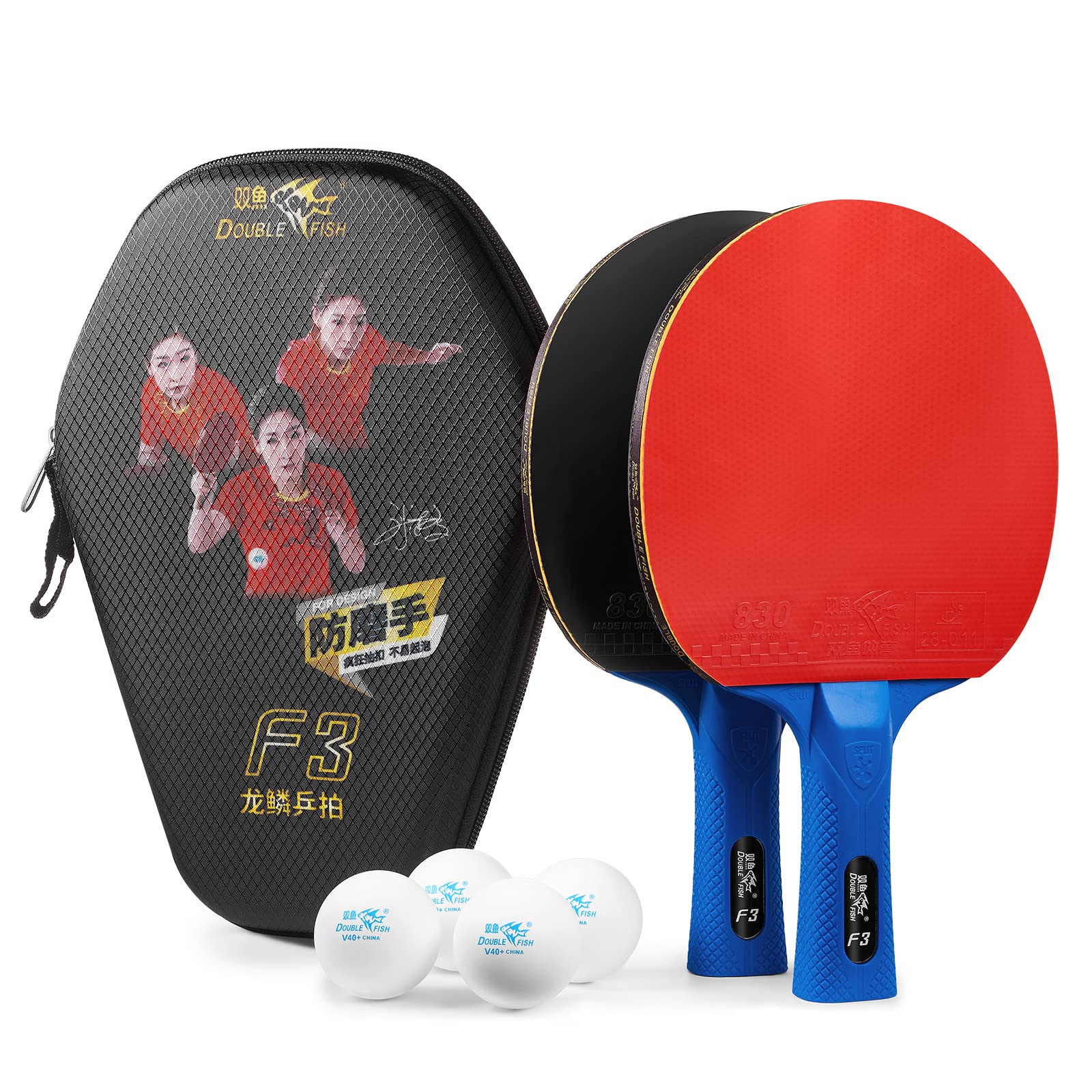 DOUBLE FISH Ping Pong Paddle Set, ITTF Approved Rubber 2 Player Ping Pong Paddles with Balls,Table Tennis Racket Set for Beginners Training with Storage Case(Premium Rubber Grip - Protect Your Hands)