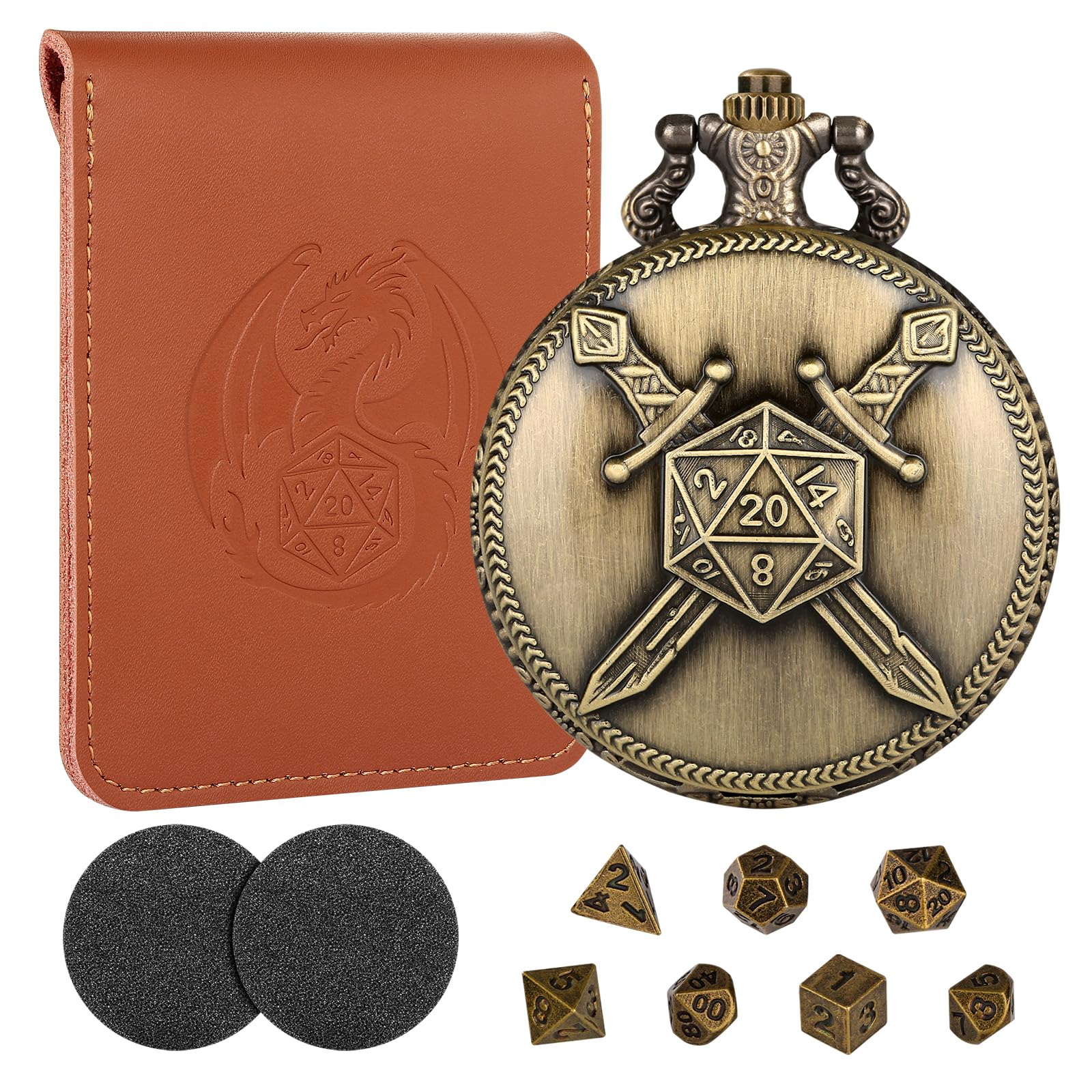 Mini DND Dice Set including Bronze Fighter Double Swords Pocket Watch Case, Gift with D&D Dice Bag
