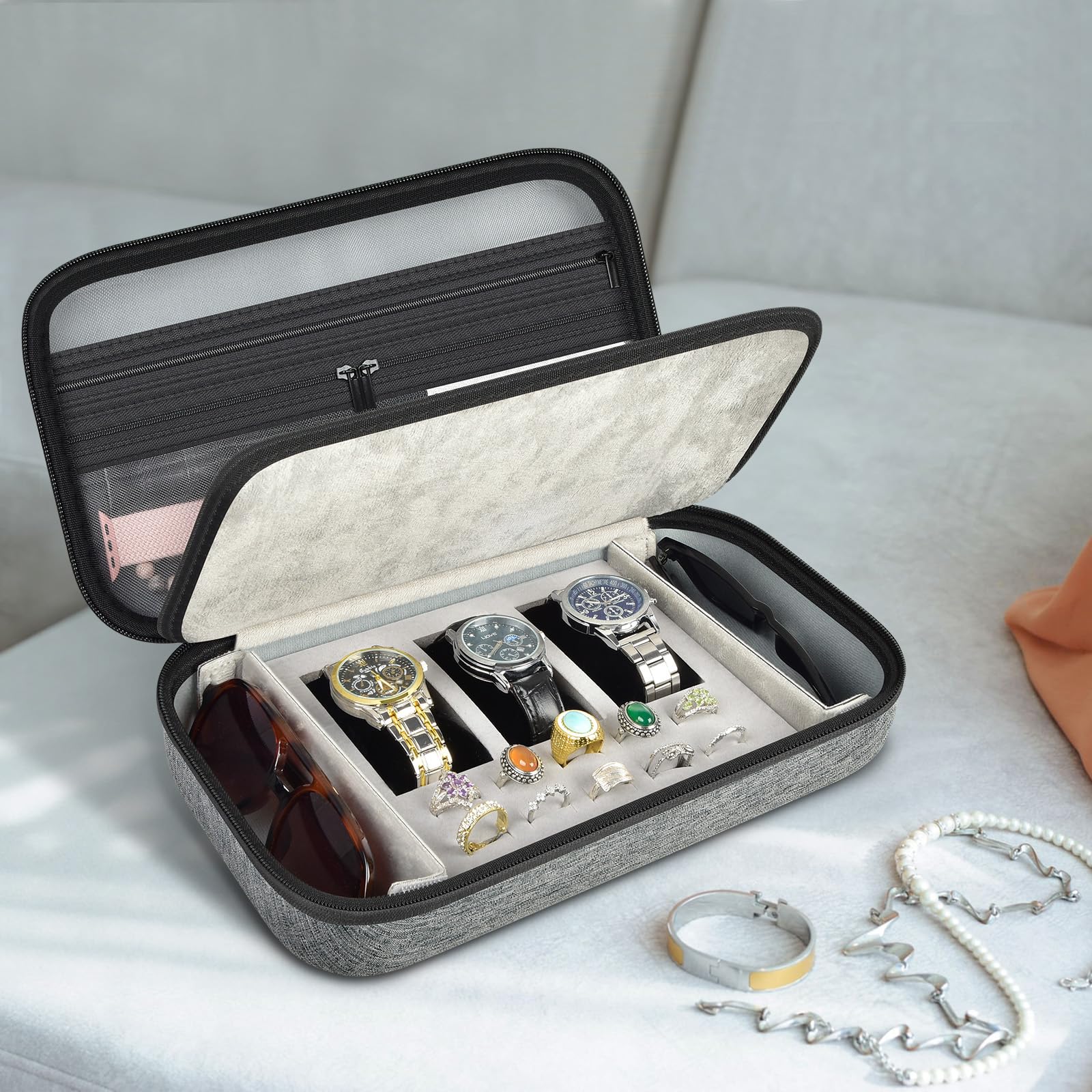 Joyero organizador de relojes para hombres y mujeres, cajas de exhibición de viaje con 3 compartimentos para relojes, 2 ranuras para gafas, 10 soportes para anillos, bolsa de malla para collares