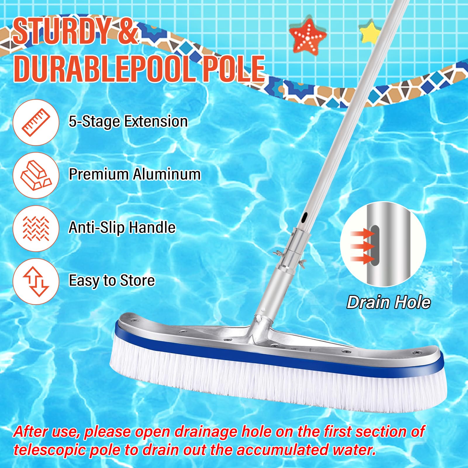 Poste telescópico de 16 pies, poste de extensión de aluminio para piscina, poste telescópico de 4 a 16 pies, poste telescópico de cepillo de piscina para cabezales de aspiradora de piscina, redes de