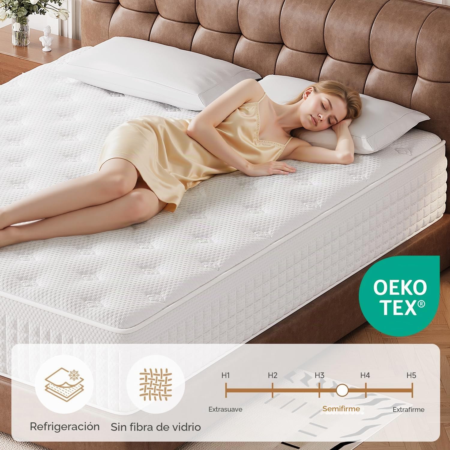 Colchón 90x200 H3 H4, colchón de muelles ensacados de 9 Zonas con Espuma de Confort, colchón ortopédico ergonómico, Certificado Öko-Tex y CertiPUR, Alivio de la presión y el Dolor de Espalda