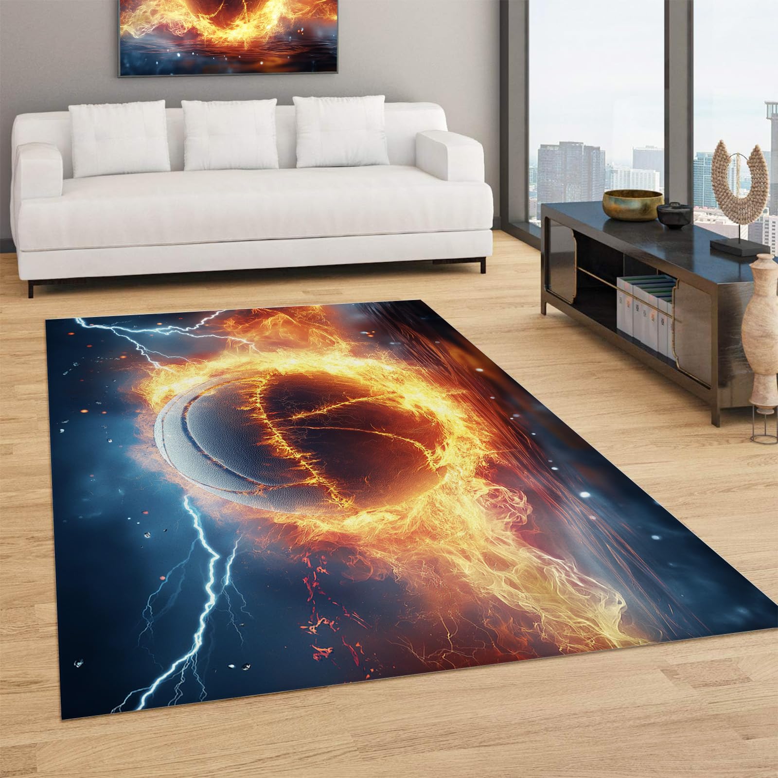 Grand tapis de salon 150x210cm à motif volley-ball abstrait et poil ras moderne