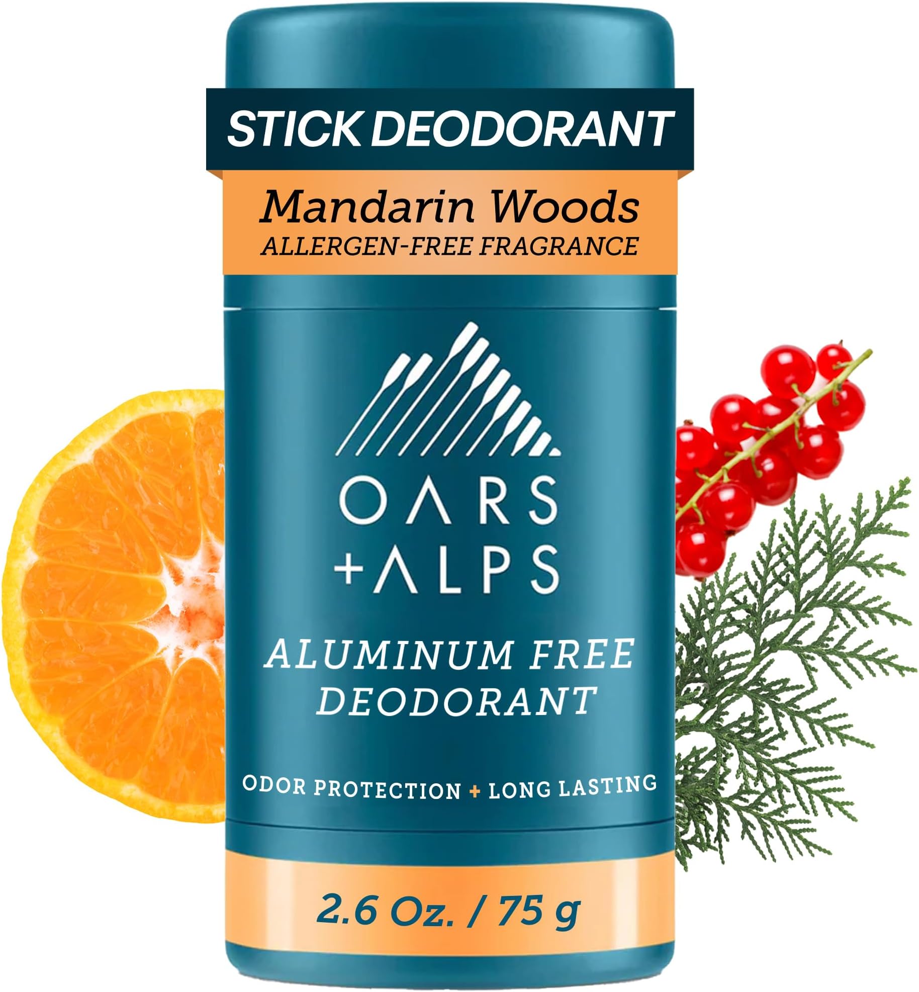 Oars + Alps Aluminum Free Deodorant for Men and Women, Dermatologist Tested, Travel Size, Mandarin Woods, 1 Pack, 2.6 Oz