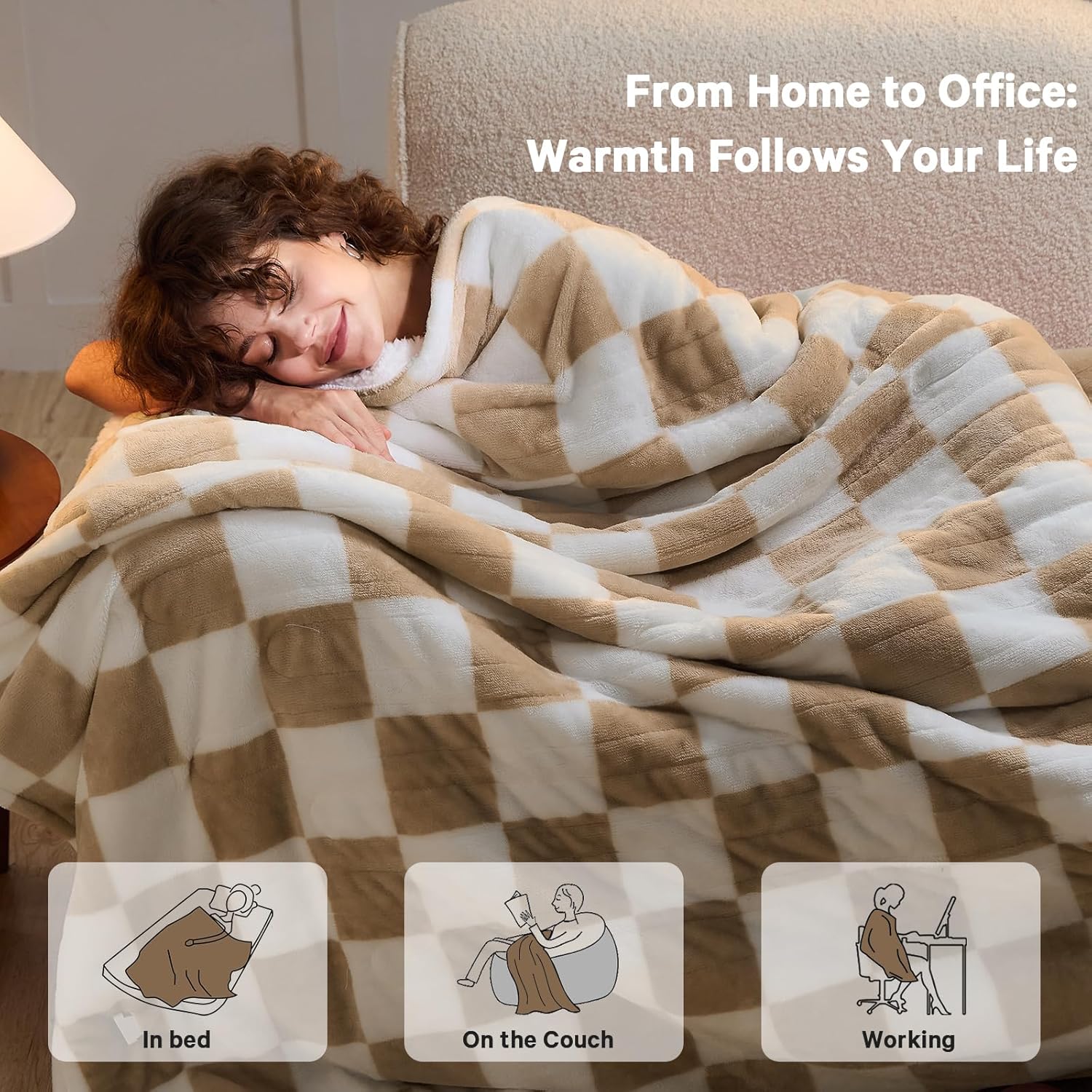 Light Brown Heated Throw Blanket Electric, 50X60 Heating Blanket with 10 Heat Levels & 8 Hours Auto Off for Lap, Checkered Plaid Soft Sherpa Blankets Warmer Gifts for Couch Grandma Women Adults - Image 8