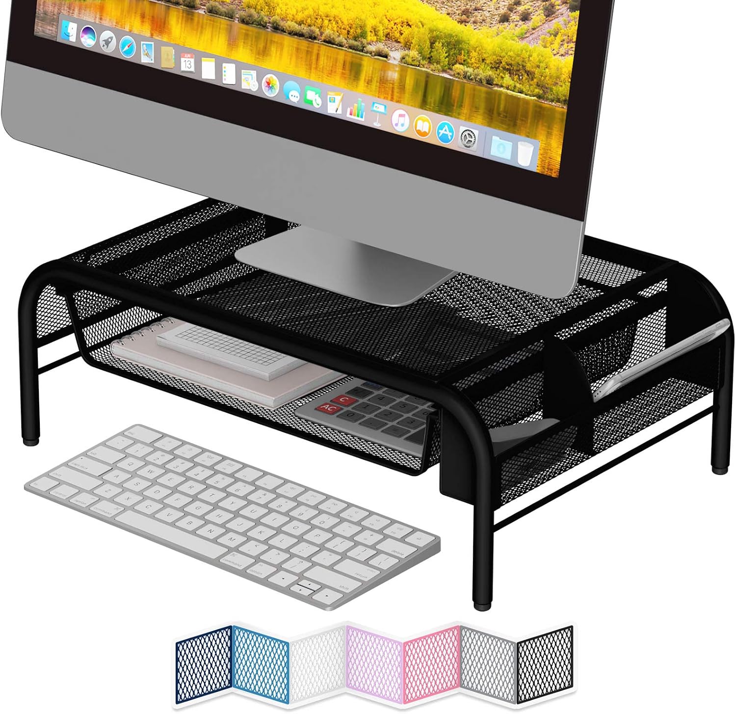 NEATERIZE Monitor Stand for Desk - Metal Monitor Stand Riser and Laptop Desk Stand with Organizer - Desktop Computer Stand and Monitor Riser Stand for Desk with Drawer - Improves Airflow - (Black)