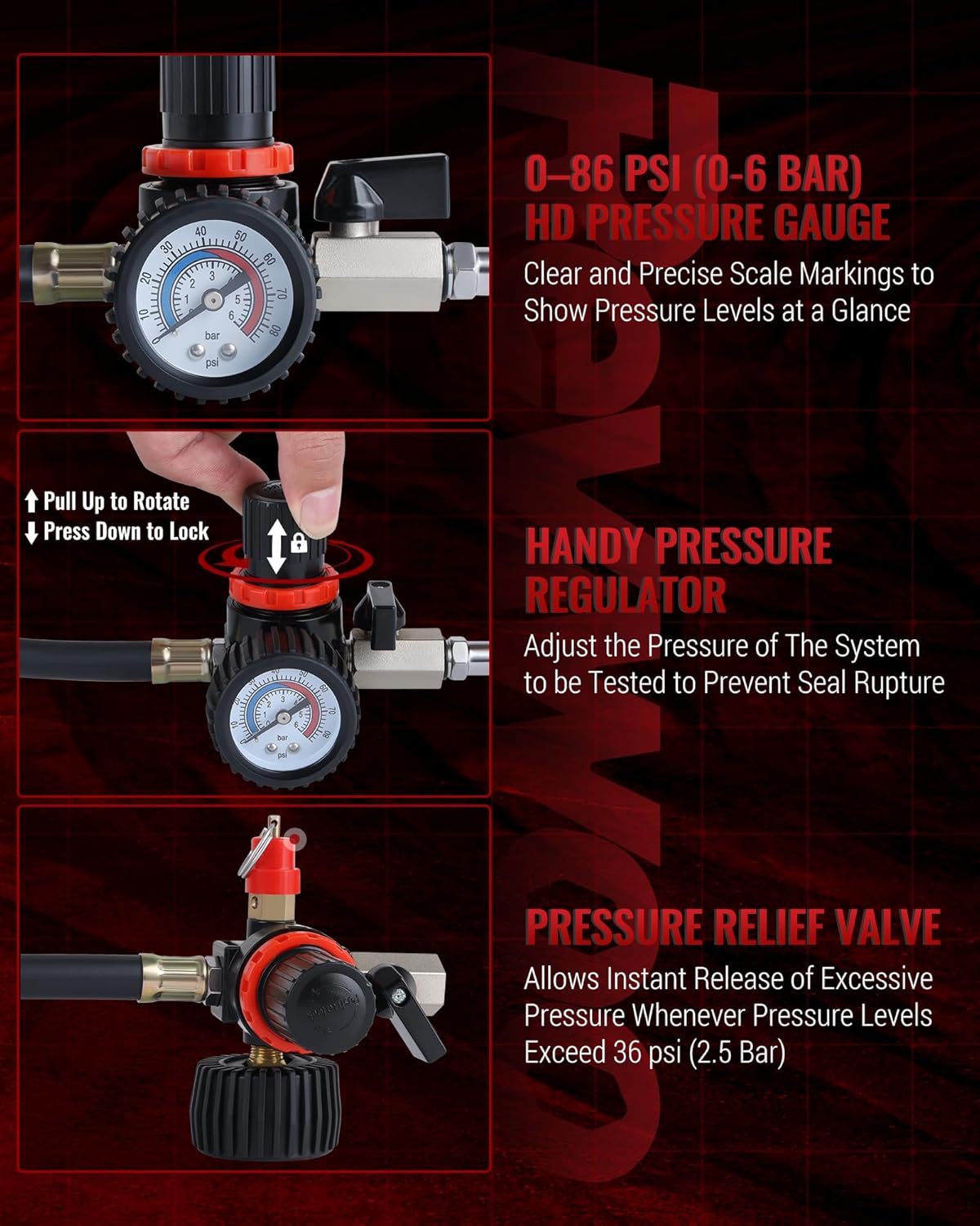 Turbo Boost Leak Tester Kit, 10pc Turbo System Leakage Tester Set with 4 Pairs of Stepped Adapters 1-3/8" to 3-1/2", Turbo Pressure Leakage Tester for Cooling Emissions Exhaust Pipes