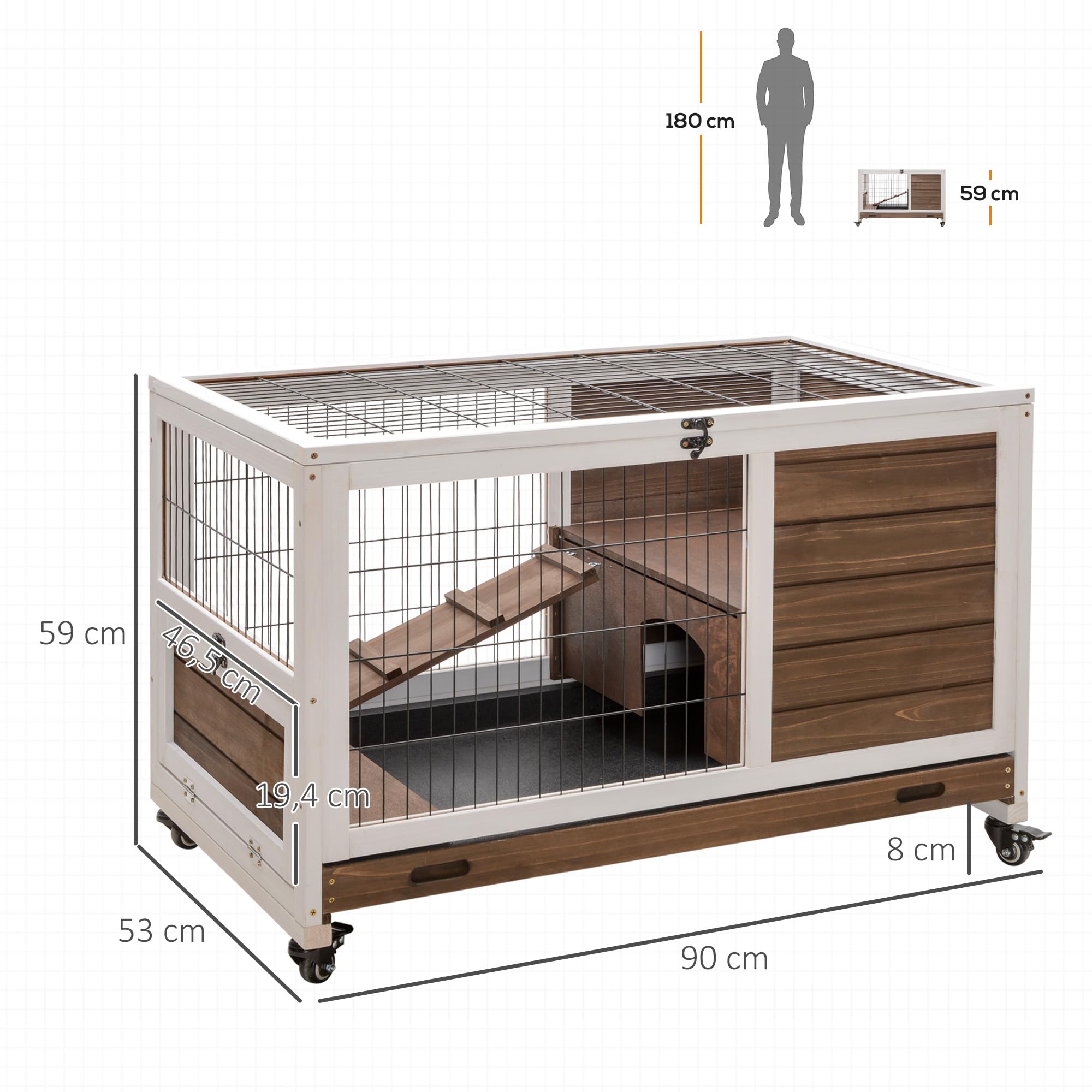 PawHut Jaula para Conejos de Madera Conejera para Mascotas Pequeñas Portátil Interior con Techo Abrible Rampa Bandeja Extraíble para Conejillos de Indias 90x53x59 cm Marrón