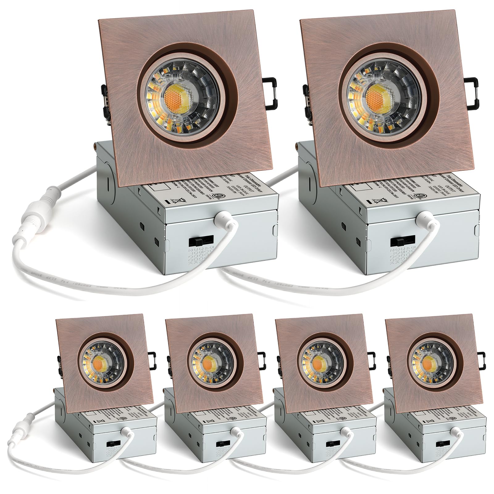 3 Inch Gimbal LED Recessed Light 5CCT Selectable Square Recessed Light, 360° and 30° Rotatable Downlight with Junction Box, 850Lm 8W 120V Dimmable, 3 Inch 6Pack Oil-Rubbed Bronze