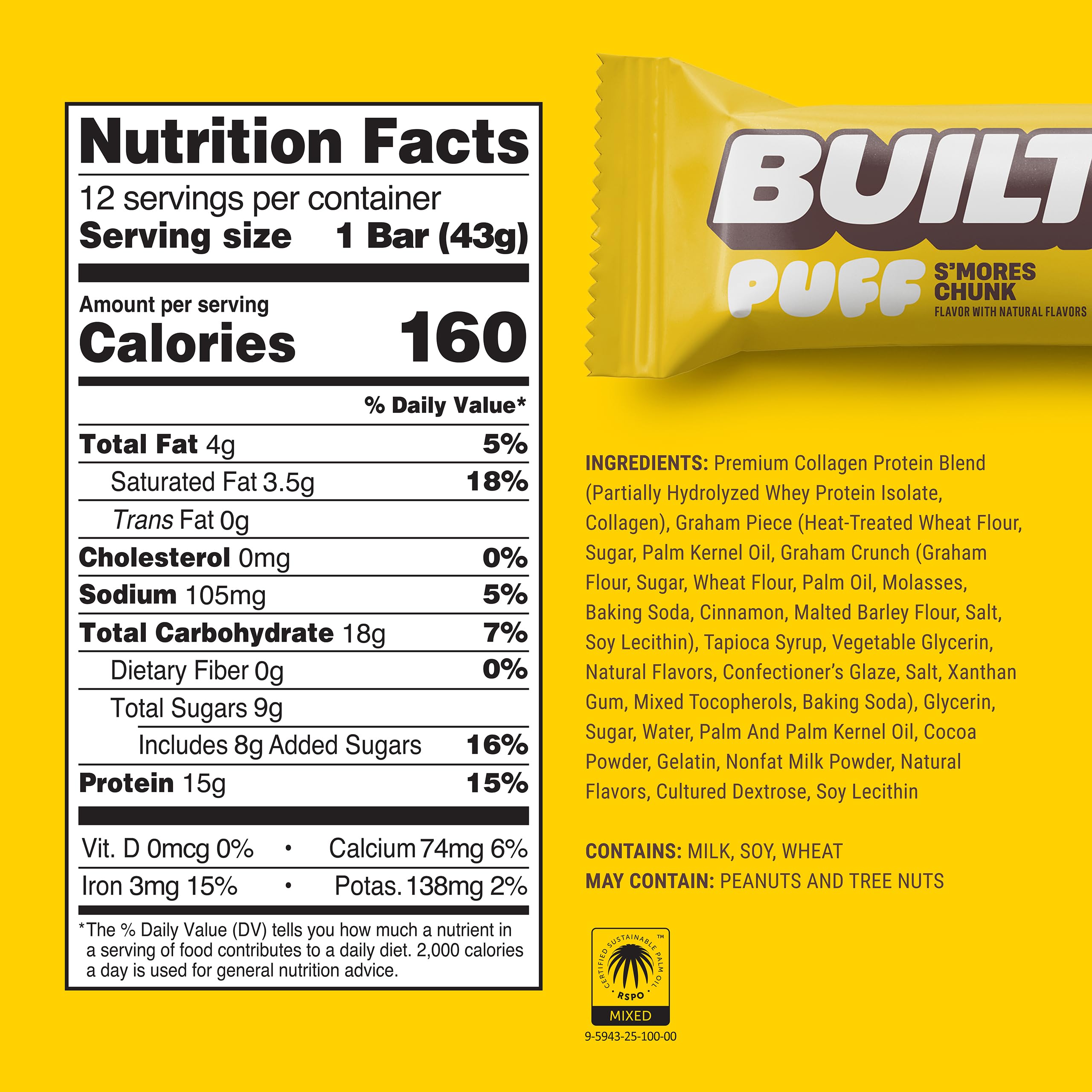 BUILT Bar Puff Protein Bars - Variety Pack - 15-17g Protein Snack Bars with Collagen - Calorie Conscious & Gluten Free - 12 Count, Variety May Vary: S'mores Chunk Puff