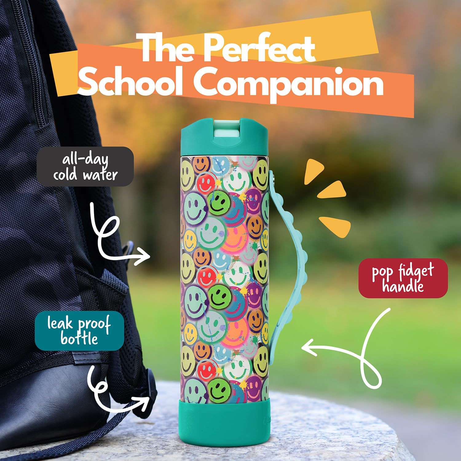 Elemental Iconic Kids Water Bottle for School - 100% Leak-Proof Insulated Water Bottles with Straw Lid & Pop-It Handle for Boys & Girls - Triple-Wall Insulated & BPA-Free, 20oz – Graffiti Smile - Image 2