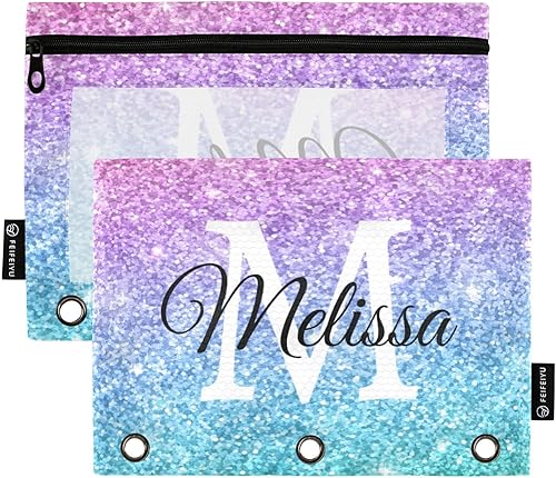 Estuche para lápices de 3 anillas, color rosa y azul degradado con purpurina para lápices con cremallera, estuche transparente para lápices, bolsas