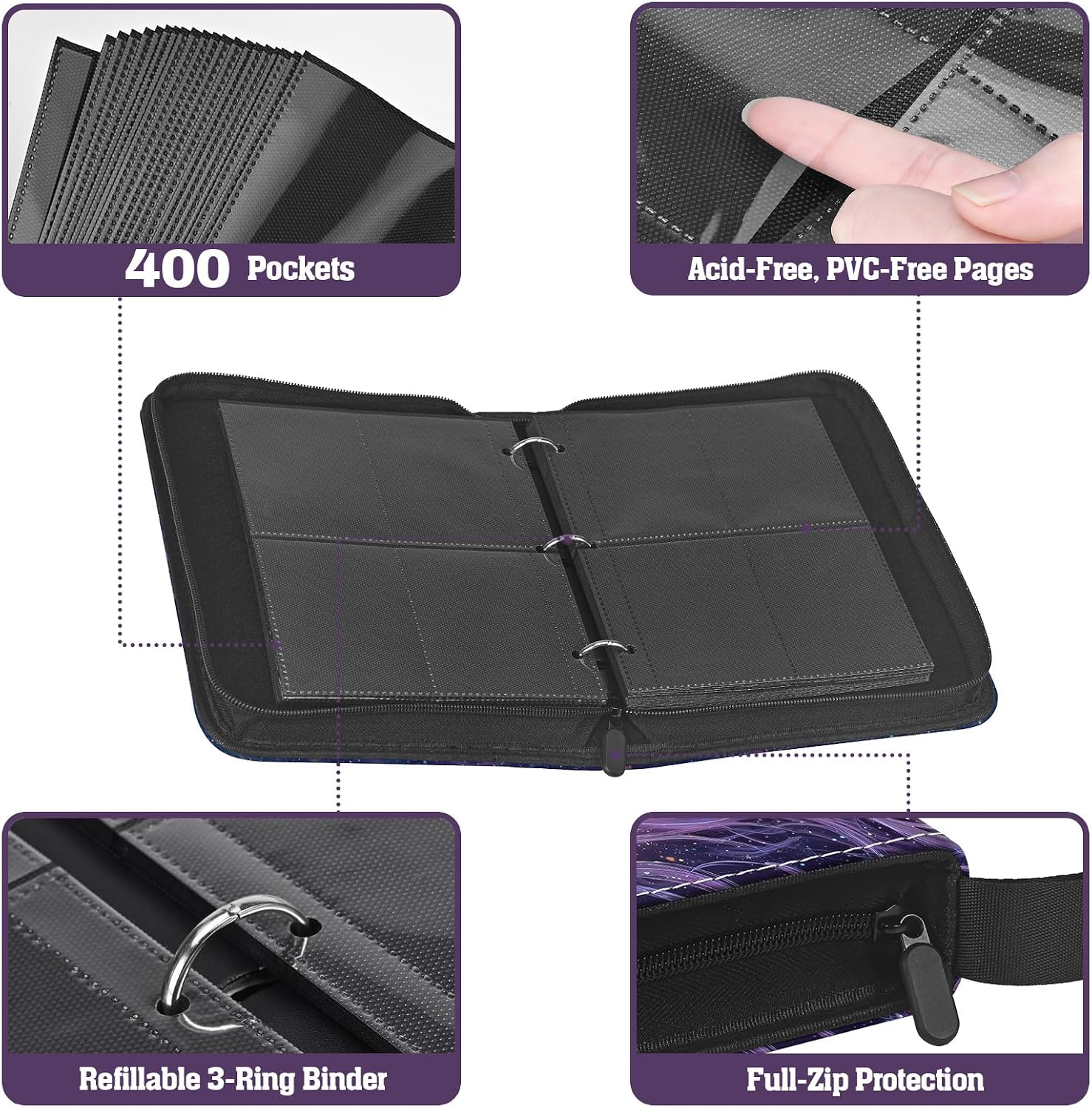 4 Pocket Trading Card Binder with Zipper, Top-Loading Pockets, 50 Removable Sleeves, 3 Ring Refillable Album, 400 Pockets, for Sports and Collectible Cards, Purple Galaxy Dragon image 4