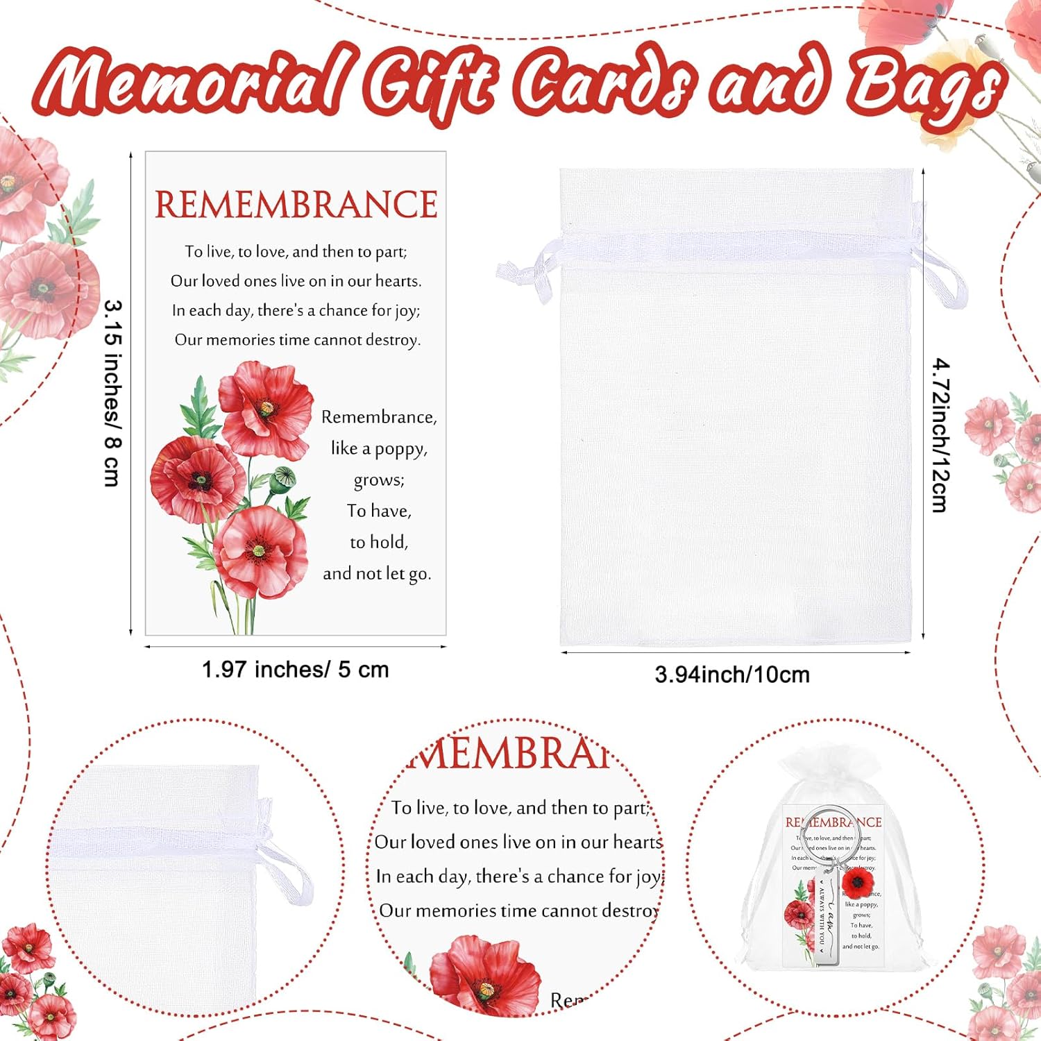 Landical Poppy Funeral Favor, Celebration of Life Favors for Memorial Day, Stainless Steel Keychains with Card, Organza Bag