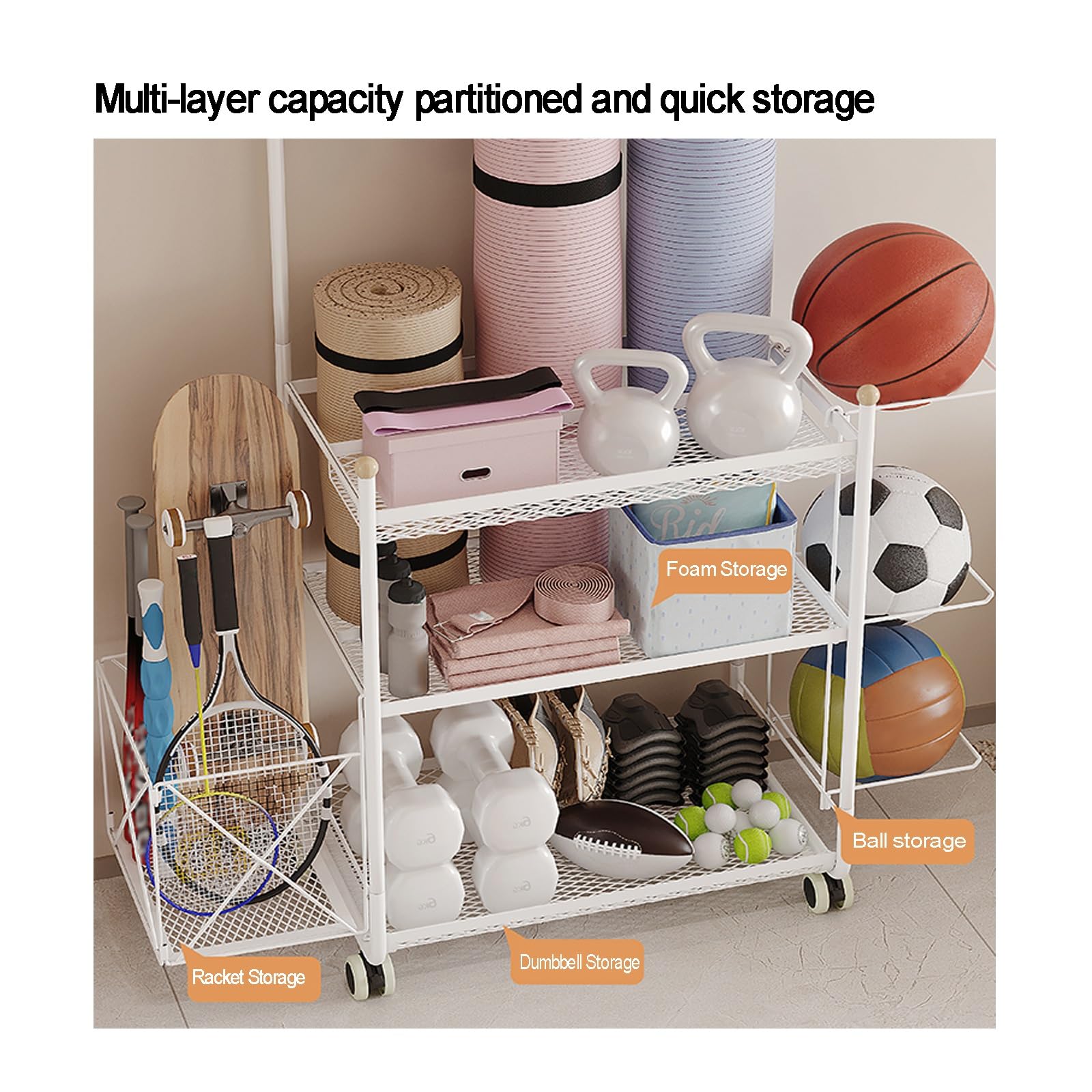 Organiseur d'équipement de sport de garage, support de rangement verrouillable pour tapis de yoga, rouleau en mousse, sangle de yoga, bandes de résistance, (blanc, 97 x 35,7 x 145 cm)