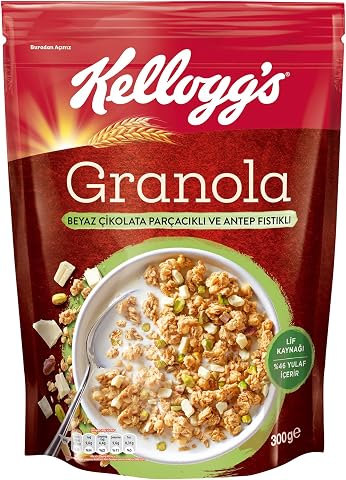 Kellogg's Granola Beyaz Çikolatali & Antep Fıstikli 300 Gr,%46 Yulaf içerir,Lif Kaynağı,Antioksidan içerir,Kahvaltılık Gevrek,Müsli