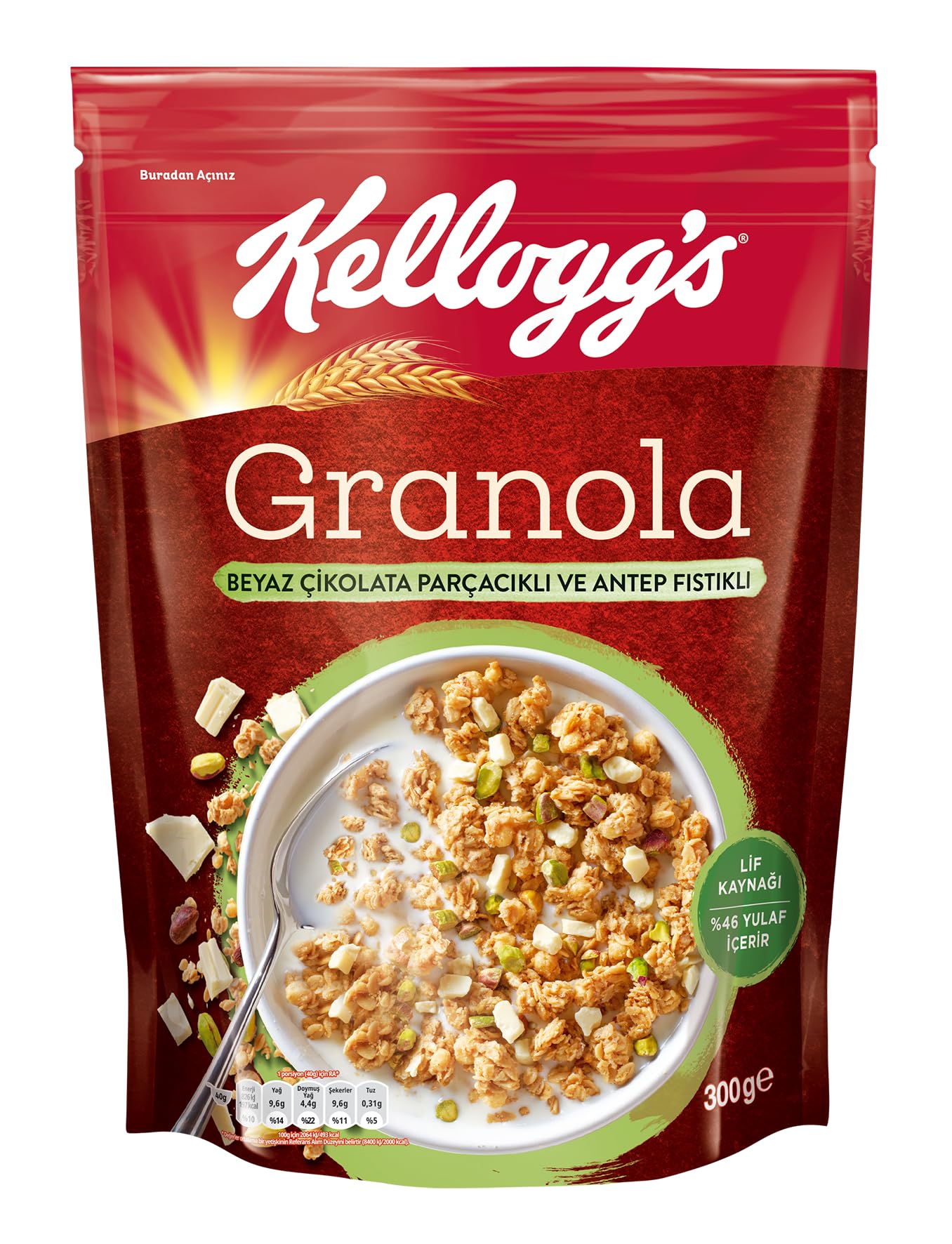 Kellogg's Granola Beyaz Çikolatali & Antep Fıstikli 300 Gr,%46 Yulaf içerir,Lif Kaynağı,Antioksidan içerir,Kahvaltılık Gevrek,Müsli