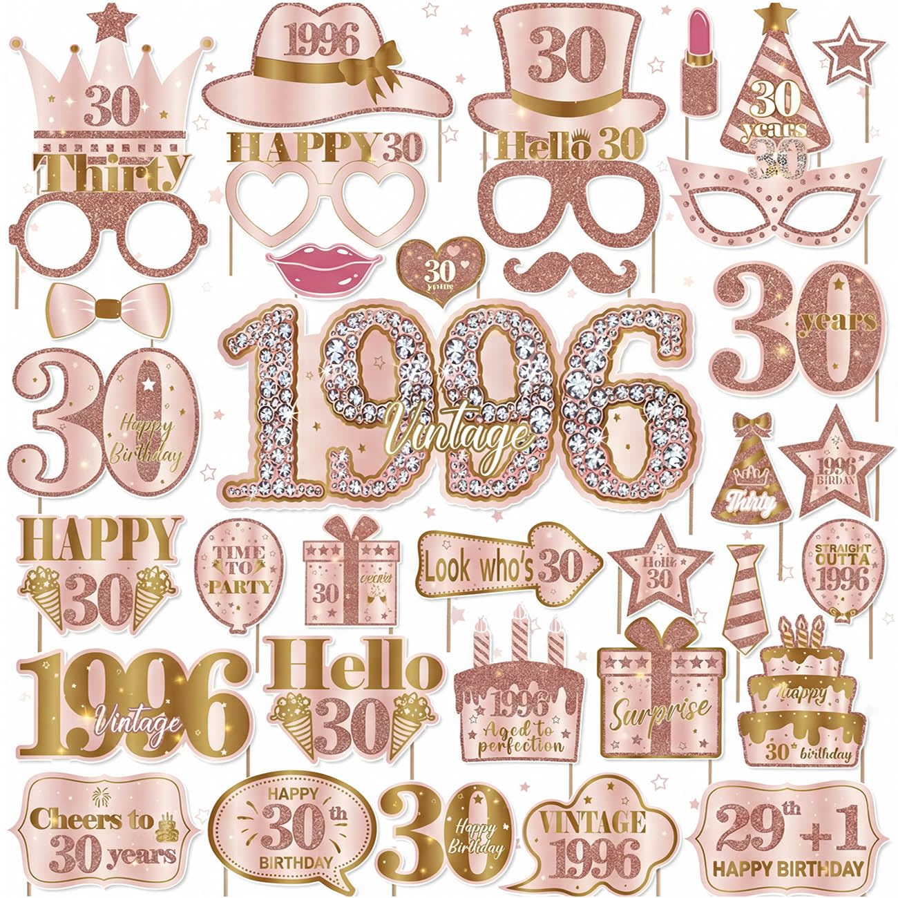 Topfunyy Women's 30Th Birthday Decorations For 36 Pcs Rose And Gold Vintage 1996 Photo Booth Props Kit, Happy Thirty Birthday Party Selfie Props For Her