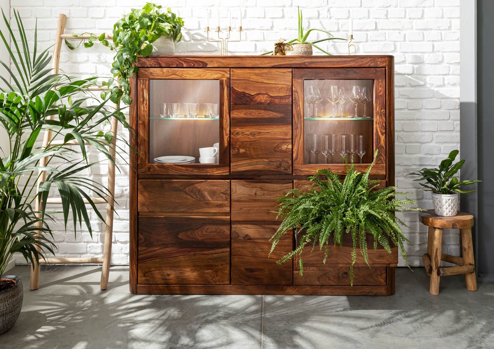 MASSIVMOEBEL24.DE | Toronto Highboard Sheesham/Palisander - Verschiedene Größen und Farben, Farbe:Dunkelbraun gewachst, Größe:166x40x145 cm (BxTxH)