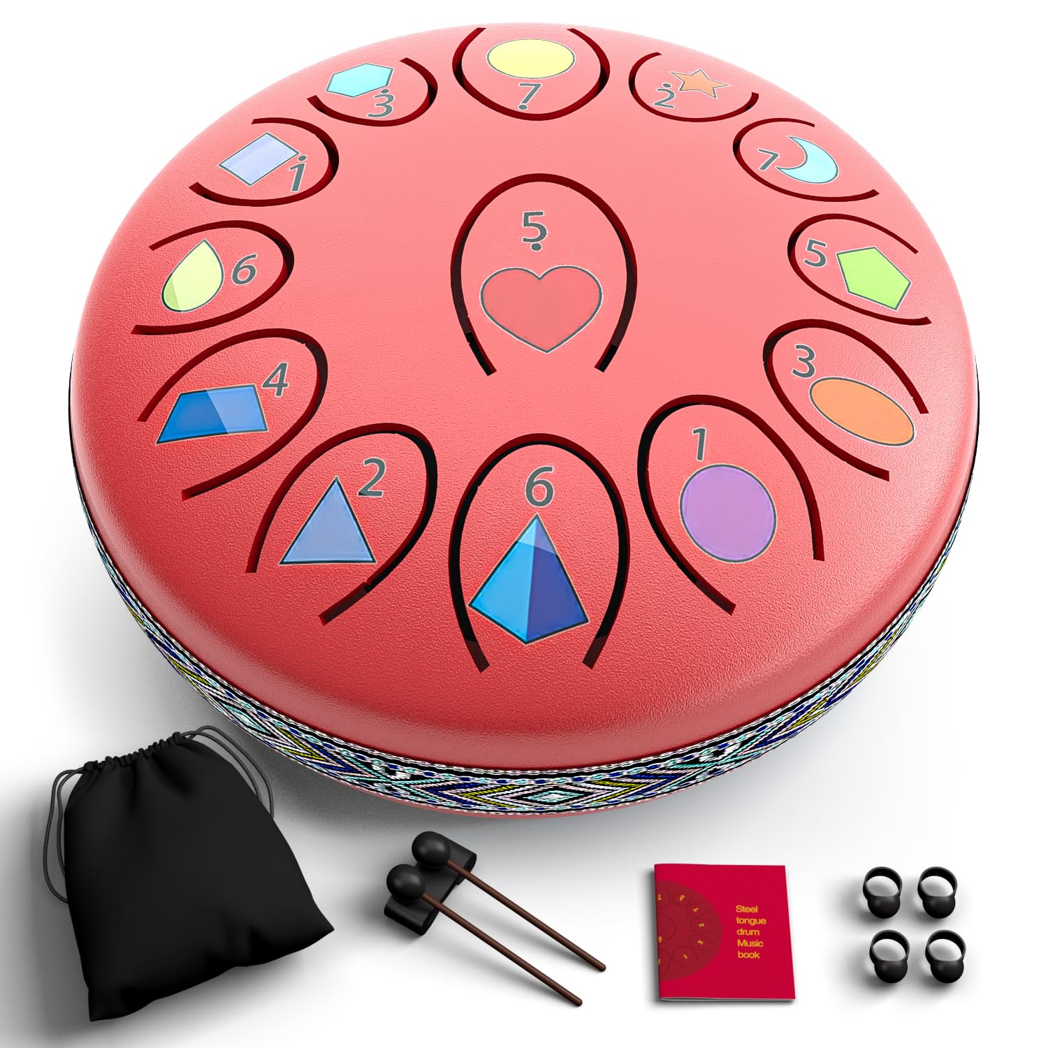 REGIS Rain Drum for Outside Garden, 6.8 Inches 13 Notes Steel Tongue Drum, Waterproof Meditation Rain Chime, UV-Printed Notes &amp; Geometric Design, with Bag, Mallets &amp; Music Book(red)