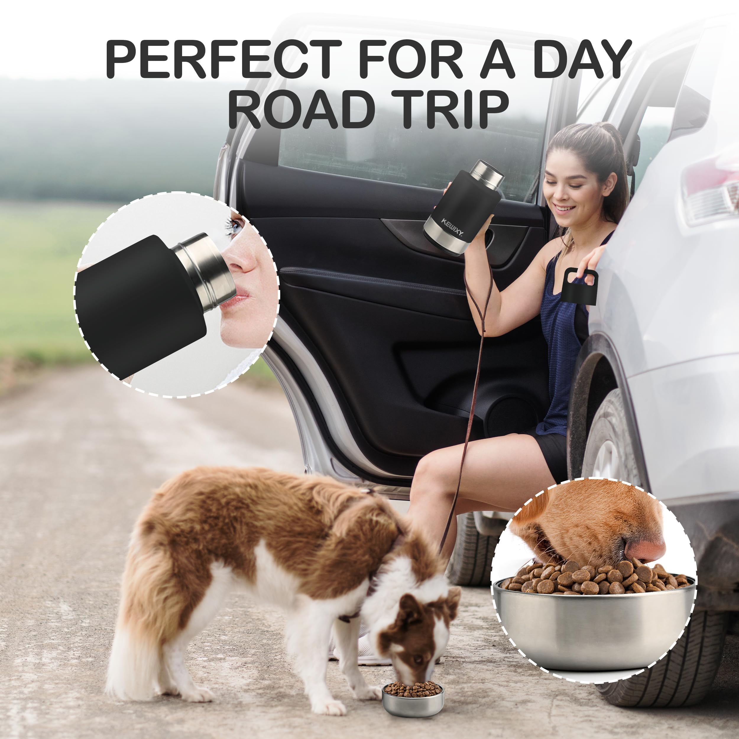KEWIXY Isolierte Reise-Wasserflasche für Hunde mit abnehmbaren Näpfen, 3-in-1 tragbarer Hundewasserflaschenspender, Hundezubehör für Spaziergänge, Wandern, Camping, Outdoor (Schwarz, 907.2 g)