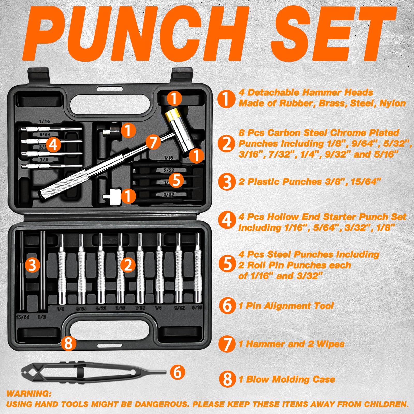 BESTNULE Punch Set, Punch Tools, Made of Solid Material Including Steel Punch and Hammer, Ideal for Machinery Maintenance with Organizer Storage Container (With Bench Block)