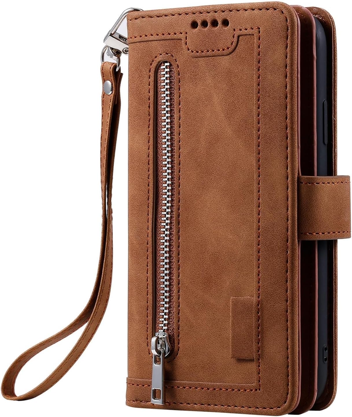 Wallet Case for Samsung Galaxy S25/S25 Plus/S25 Ultra, with Wrist Strap All-Round Shockproof Case Retro Zipper Leather Phone Protection Cover(Black,S25 Plus)