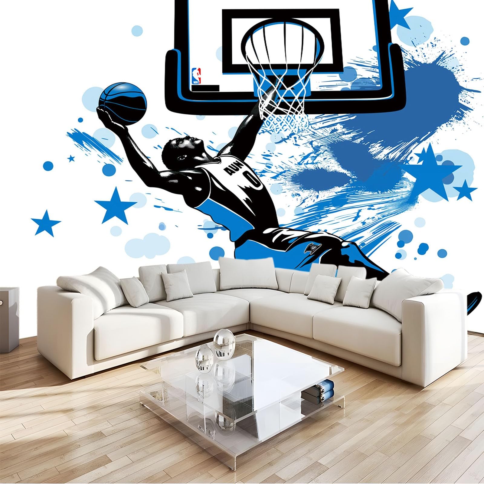 Papier peint sportif basket-ball bleu 3D panoramique 300x210 pour décoration murale