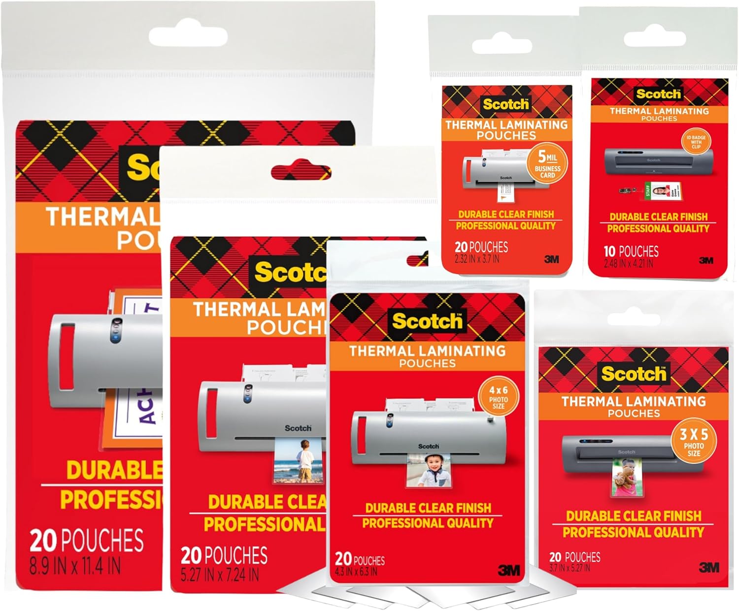 3M Thermal Laminating Pouch Variety Pack, 110 Assorted Clear Pouches (6 Sizes, from Small ID 2.52" x 4.25" to Letter 9" x 11.4"), 3 mil & 5 mil for Documents, Photos, Cards, Badges