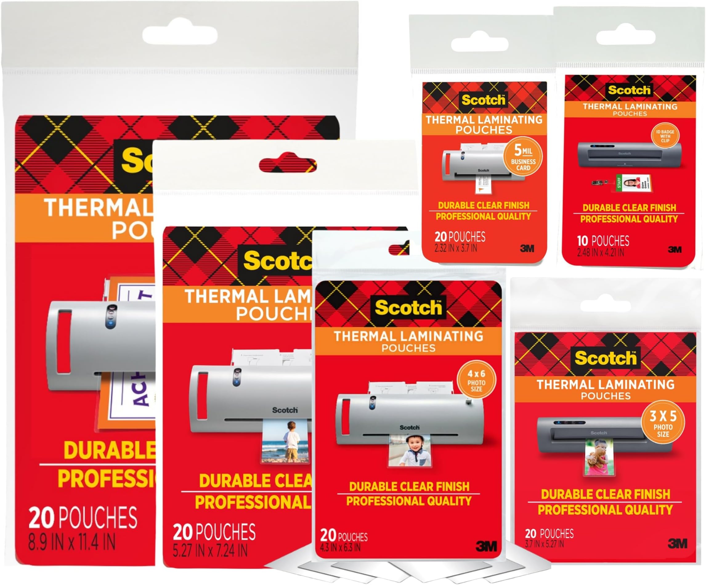 3M Thermal Laminating Pouch Variety Pack, 110 Assorted Clear Pouches (6 Sizes, from Small ID 2.52" x 4.25" to Letter 9" x 11.4"), 3 mil & 5 mil for Documents, Photos, Cards, Badges