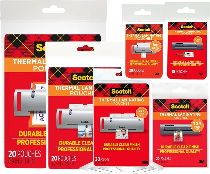Thermal Laminating Pouch Variety Pack, 110 Assorted Clear Pouches (6 Sizes, from Small ID 2.52" x 4.25" to Letter 9" x 11.4"), 3 mil & 5 mil for Documents, Photos, Cards, Badges