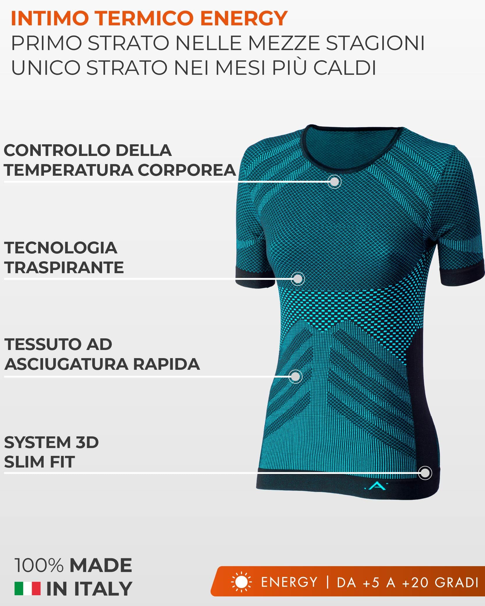 Risalti Maglia Termica Donna Manica Corta Energy - Maglia Tecnica Donna Traspirante a Compressione, Intimo Termico Senza Etichette per Sci, Trekking, Running, Ciclismo - Made in Italy