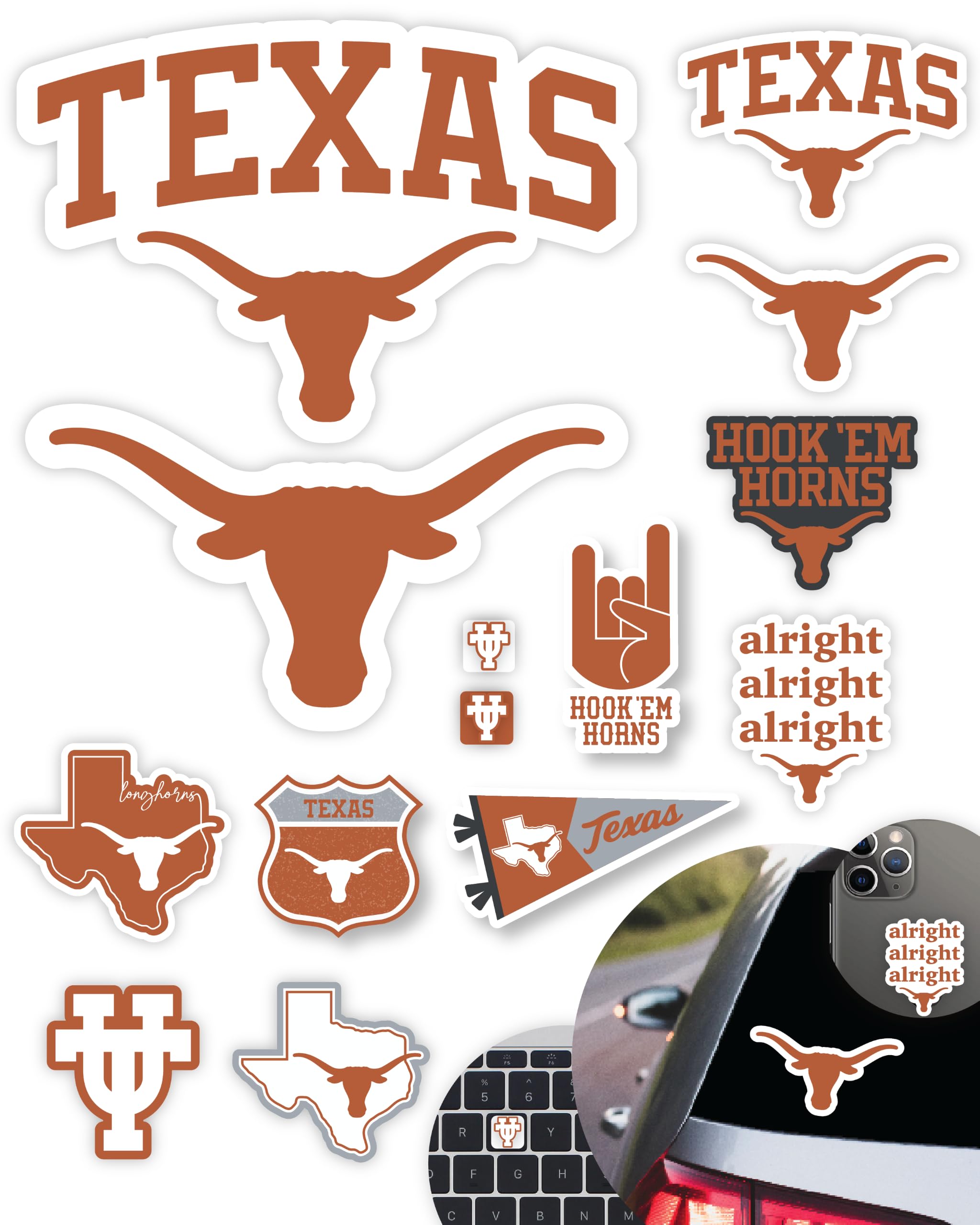 Texas Longhorns Stickers &amp; Decals 14 Pc Set for Car, University of TX