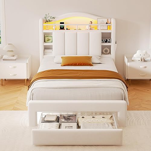 Miniatura 3 de Base de cama de tamaño individual con cabecera de almacenamiento LED y 2 cajones de almacenamiento, cama tapizada en terciopelo con diseño de