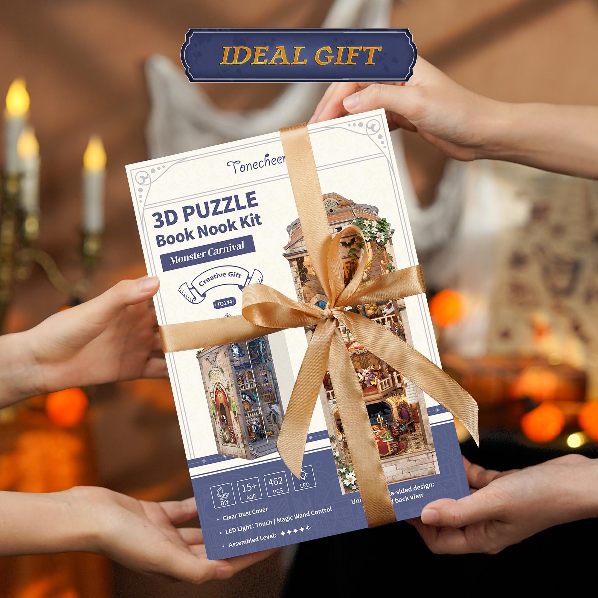 Tonecheer Book Nook Kit 3D, drewniane puzzle DIY, model dla dorosłych, miniaturowy dom ze światłem, uroczy prezent (karnawał potwora)
