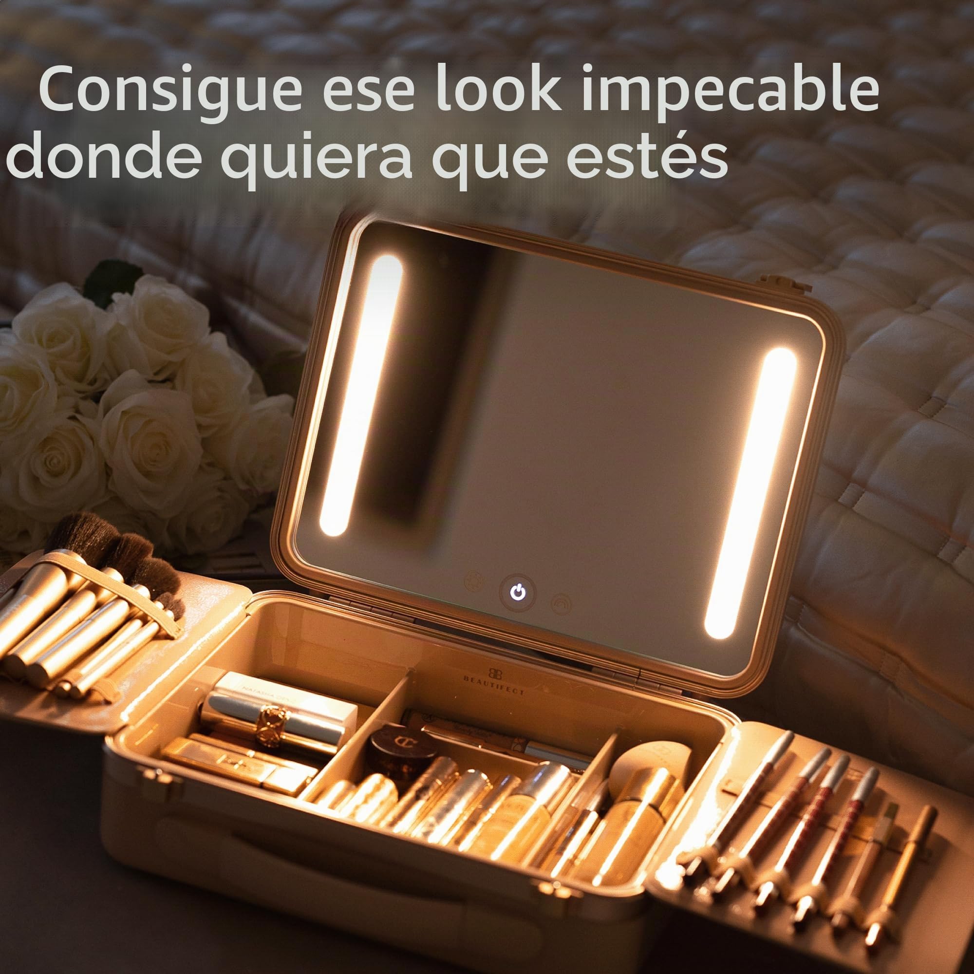 Beautifect Box Nude - Bolsa de maquillaje grande con espejo con luz LED - Neceser metálico acolchado para cosméticos para mujer - Organizador de artículos de tocador y maquillaje con compartimentos y