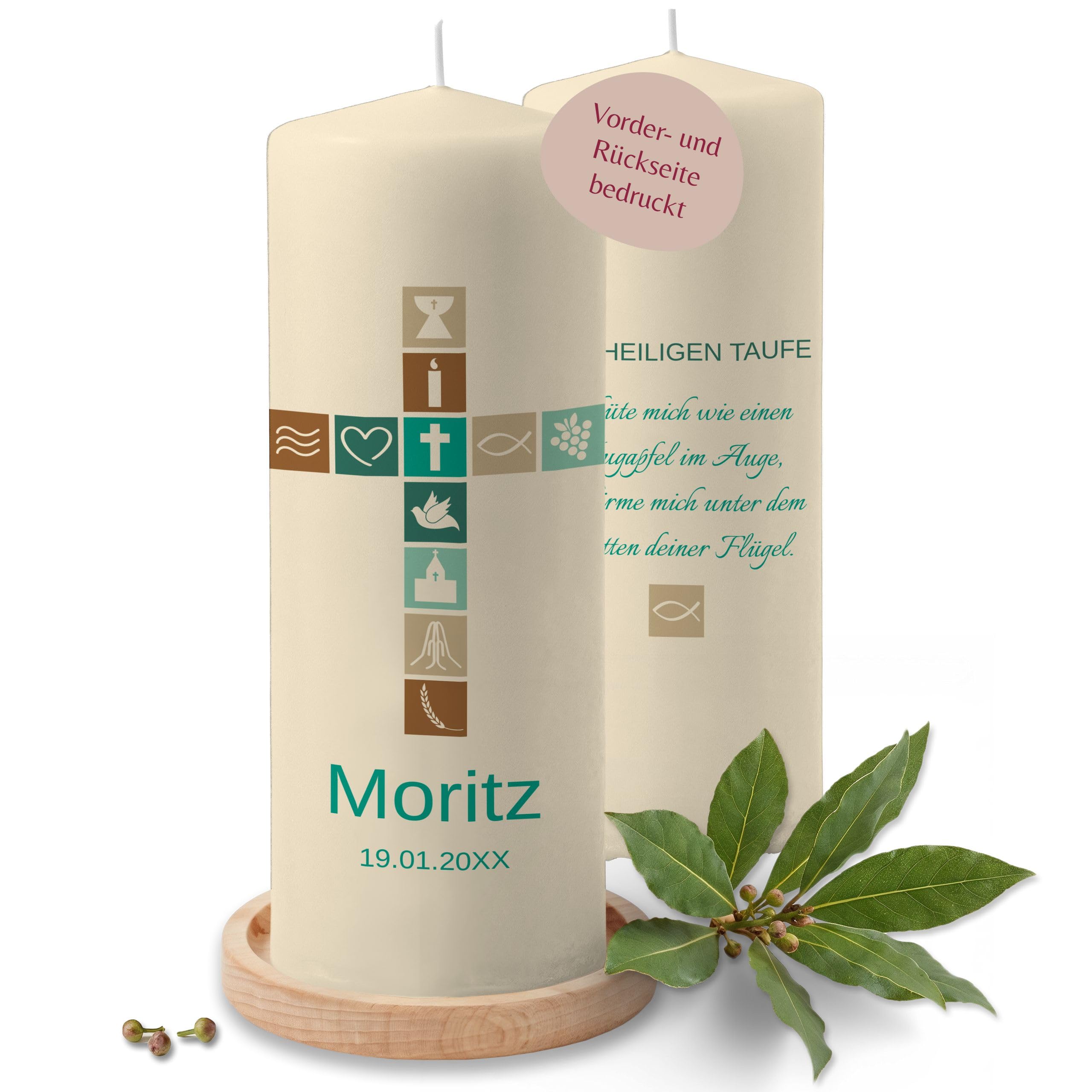 Taufkerze - Taufe mit Kreuz Name Datum - Taufgeschenk personalisierte Geschenk Deko - 230/78 mm - Elfenbein