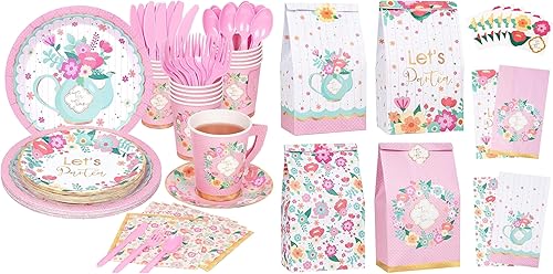 Miniatura 1 de DECORLIFE Suministros para fiestas de té sirven 16 bolsas de recuerdo, platos de fiesta de té y servilletas incluyen platillos de papel, tazas de té