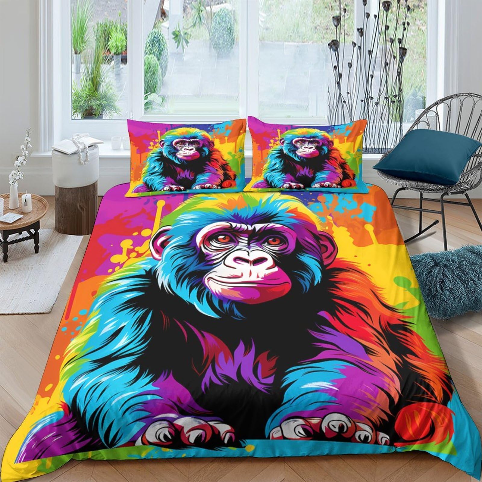 Ctjqhvkz Style-7 3D Printed Colorful Chimpanzee Fitted Sheet Microfiber Soft Breathable Graffiti Monkey Mattress Cover For Bedroom Dorm Decor Single（135X200cm）