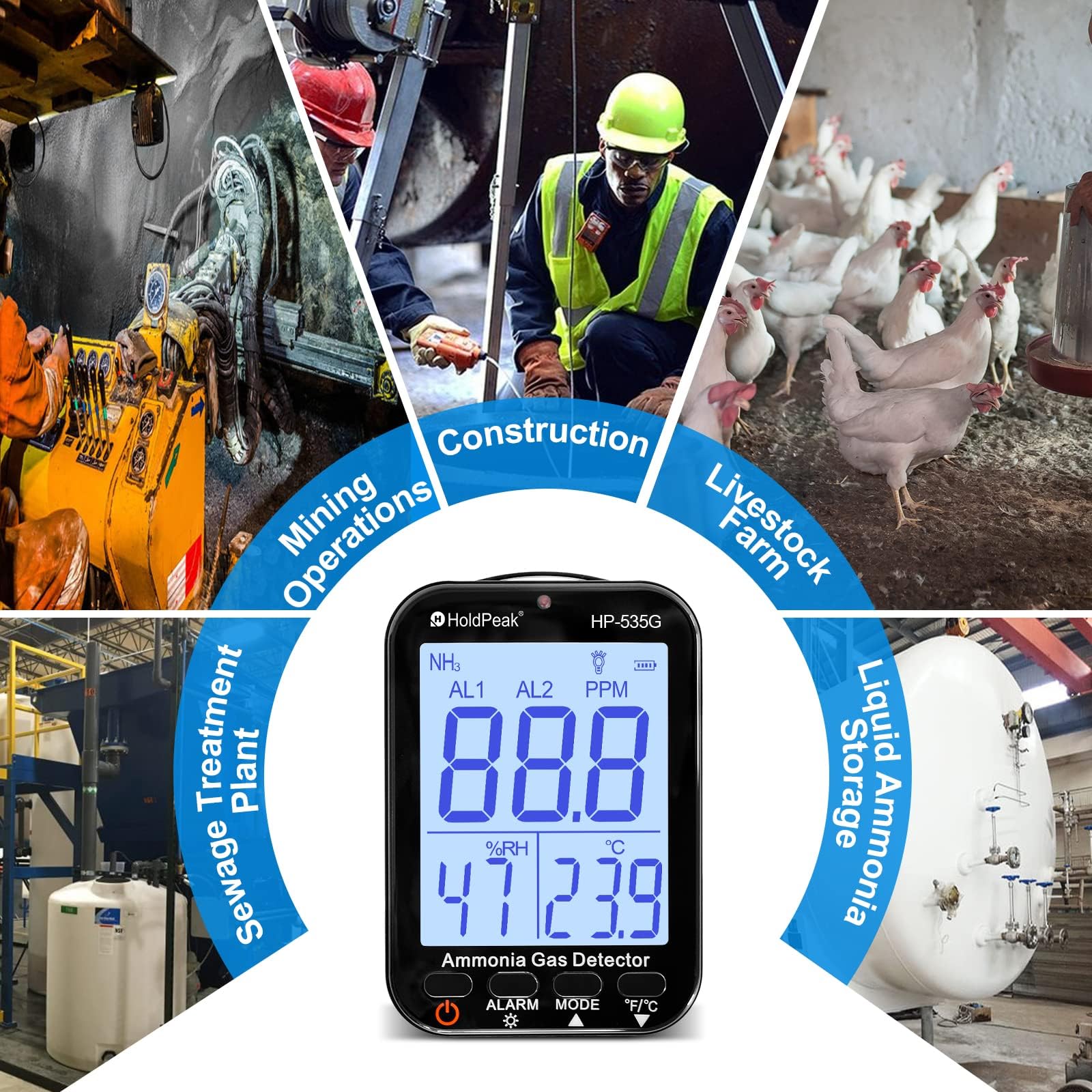 Détecteur de gaz Ammoniac NH3 0~100 PPM, Résolution 0.1 PPM Rechargeable Détecteur Qualité Air pour Température et Humidité, Double Alarme Acoustique et Optique, pour la Ferme/Produits Chimiques