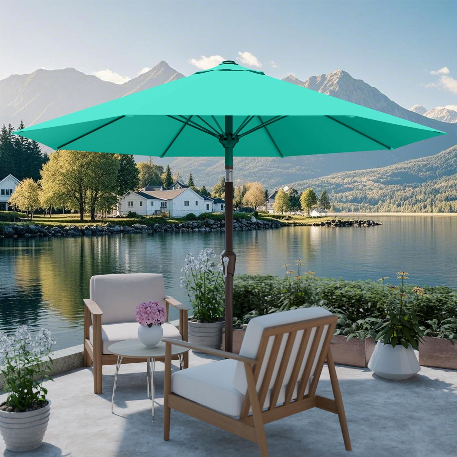 PatioKingdom Auto-Tilt 9FT Patio Umbrella Outdoor with 8 Sturdy Fiberglass Ribs,Market Table Umbrella for Pool,Backyard,Deck and Garden