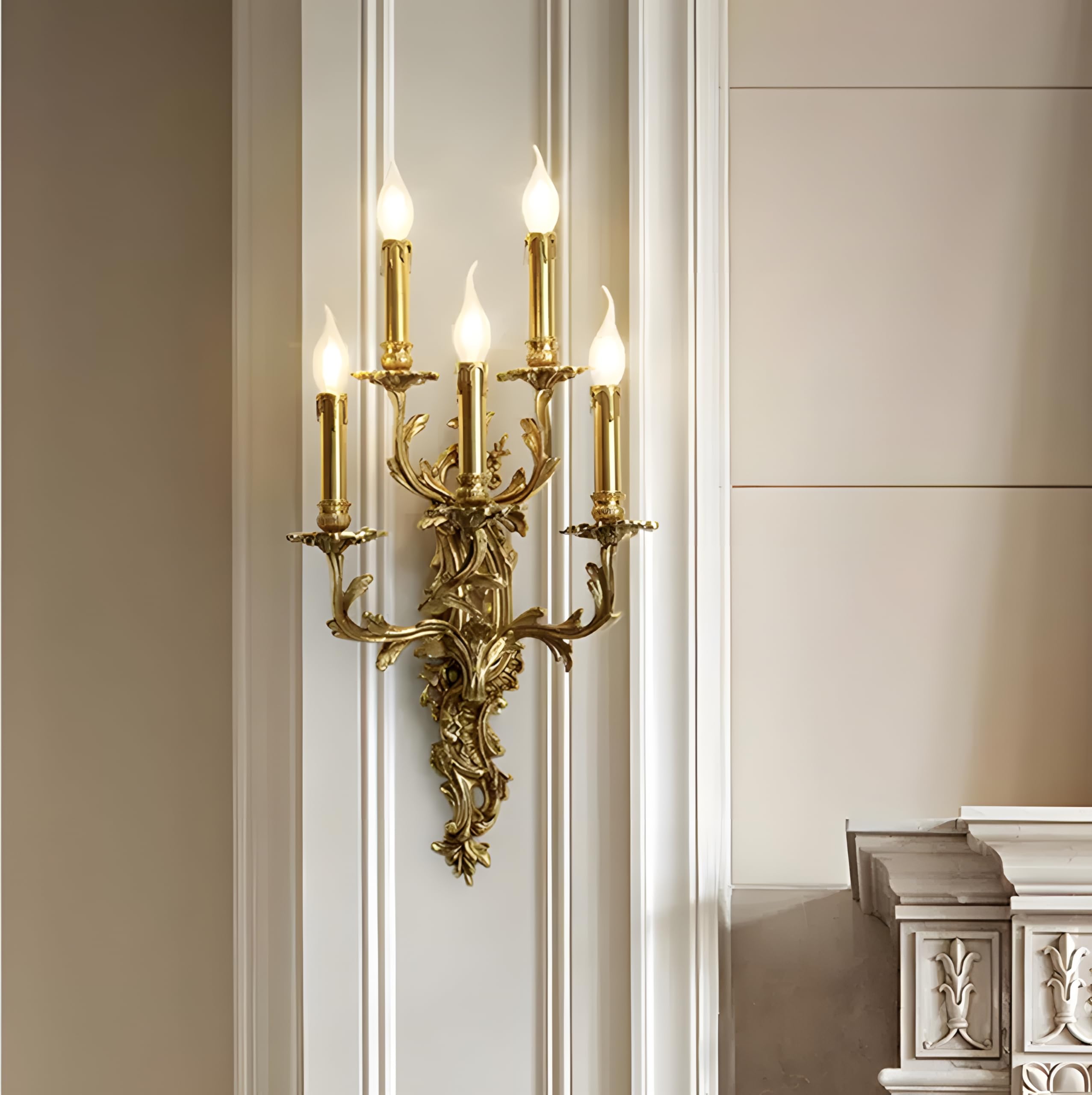 Bofea-Rustic Wall Sconce Industrial Vintage Nordic Brass Wall lamp,Classic Empire Style Wall Light,Gold Vanity Light,Art Decorate Wall Sconce for Living Room Corridor Mirror Bedroom 5-Light