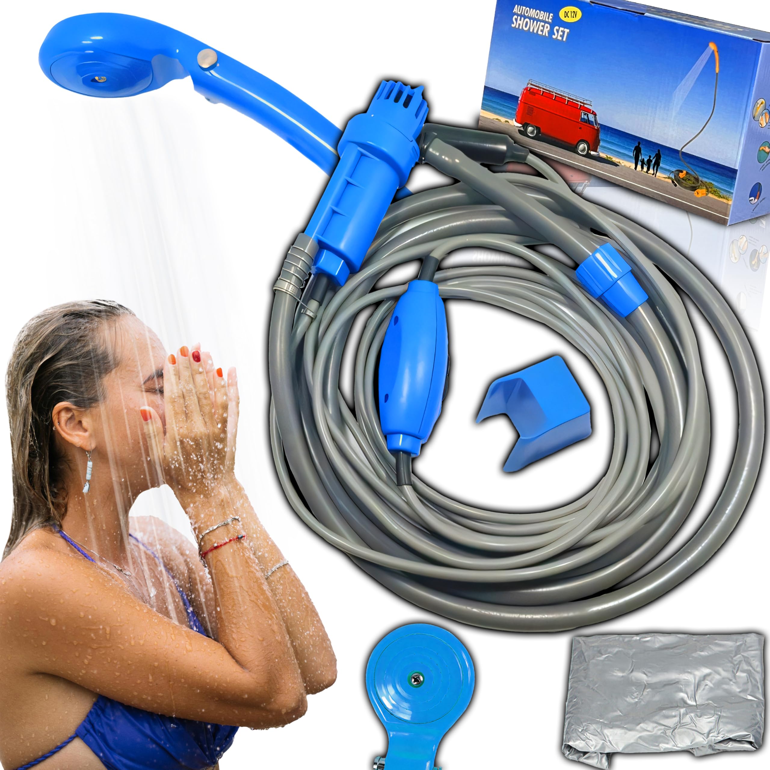 Retoo Camping Shower Portable with Pump 35-60 W Outdoor Shower with Shower Head and Water Tank 7 m Hose Power Supply 12 V Car Plug Shower for Camping Hiking Garden Beach Travel Pet