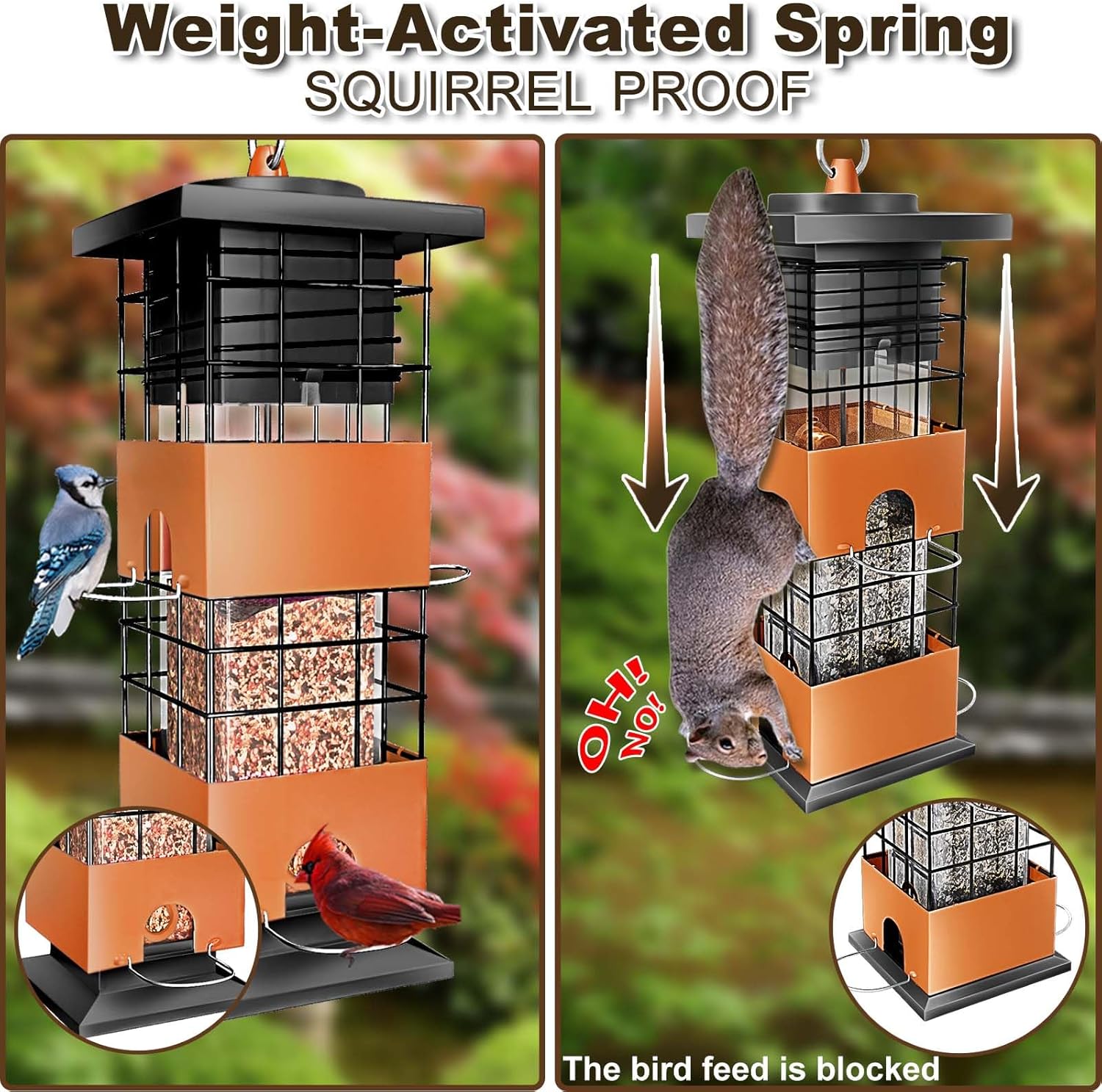 Squirrel Proof Bird Feeder, 3Lbs Metal Anti-Squirrel Bird Feeders for Outdoors, Weight-Activated Perches Hanging Wild Birdfeeder for Blue Jay, Cardinal (Brown)